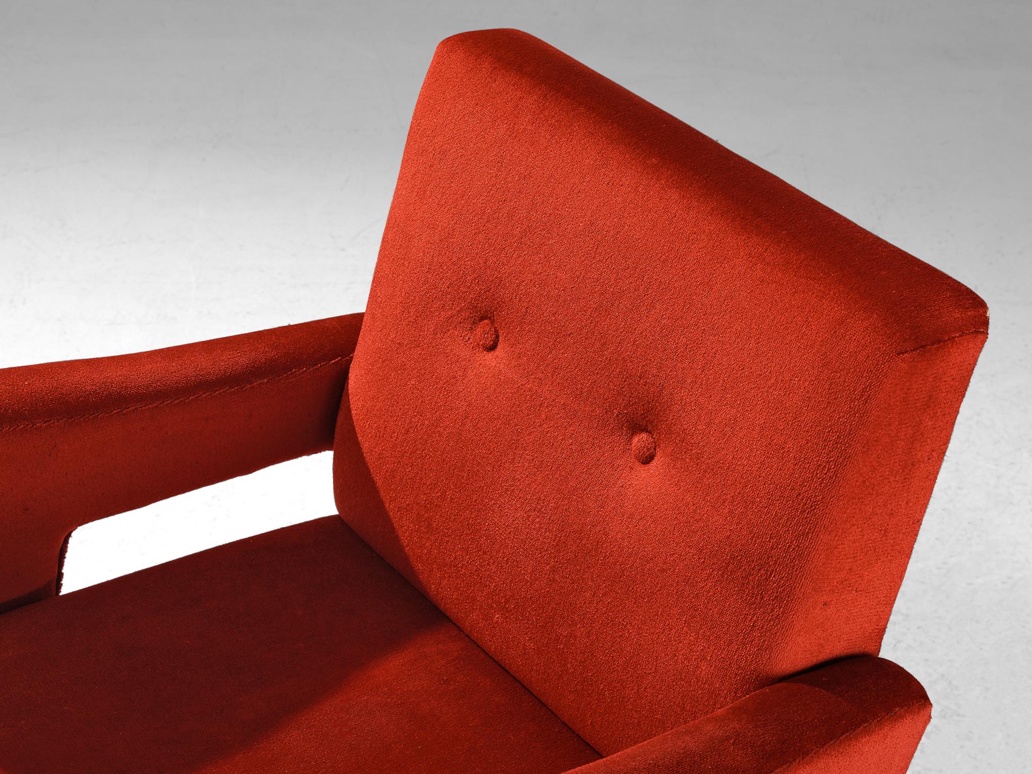 Mid-20th Century Mid-Century Pair of Armchairs in Red Velvet Upholstery For Sale