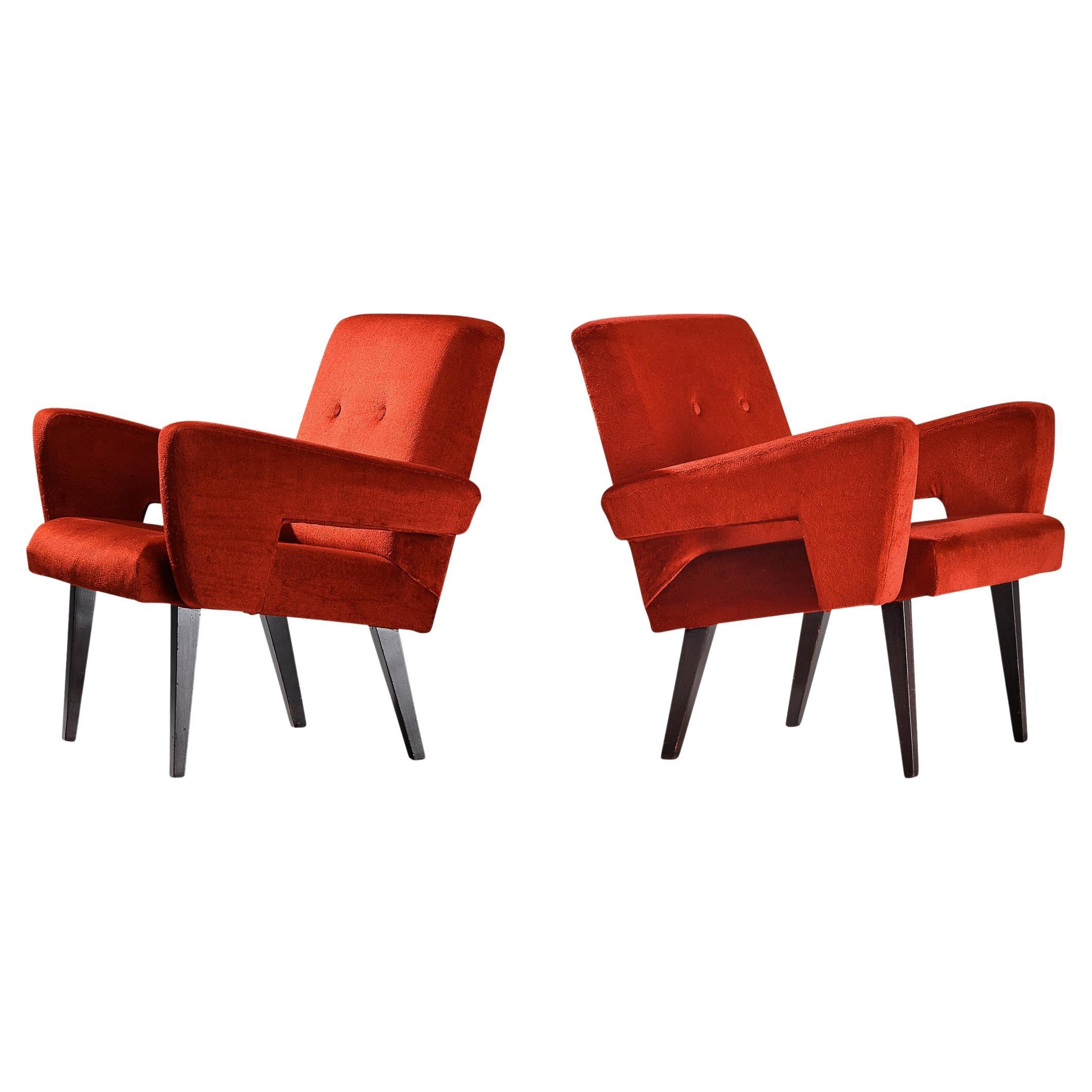 Mid-Century Pair of Armchairs in Red Velvet Upholstery