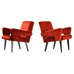 Retro Mid-Century Pair of Armchairs in Red Velvet Upholstery