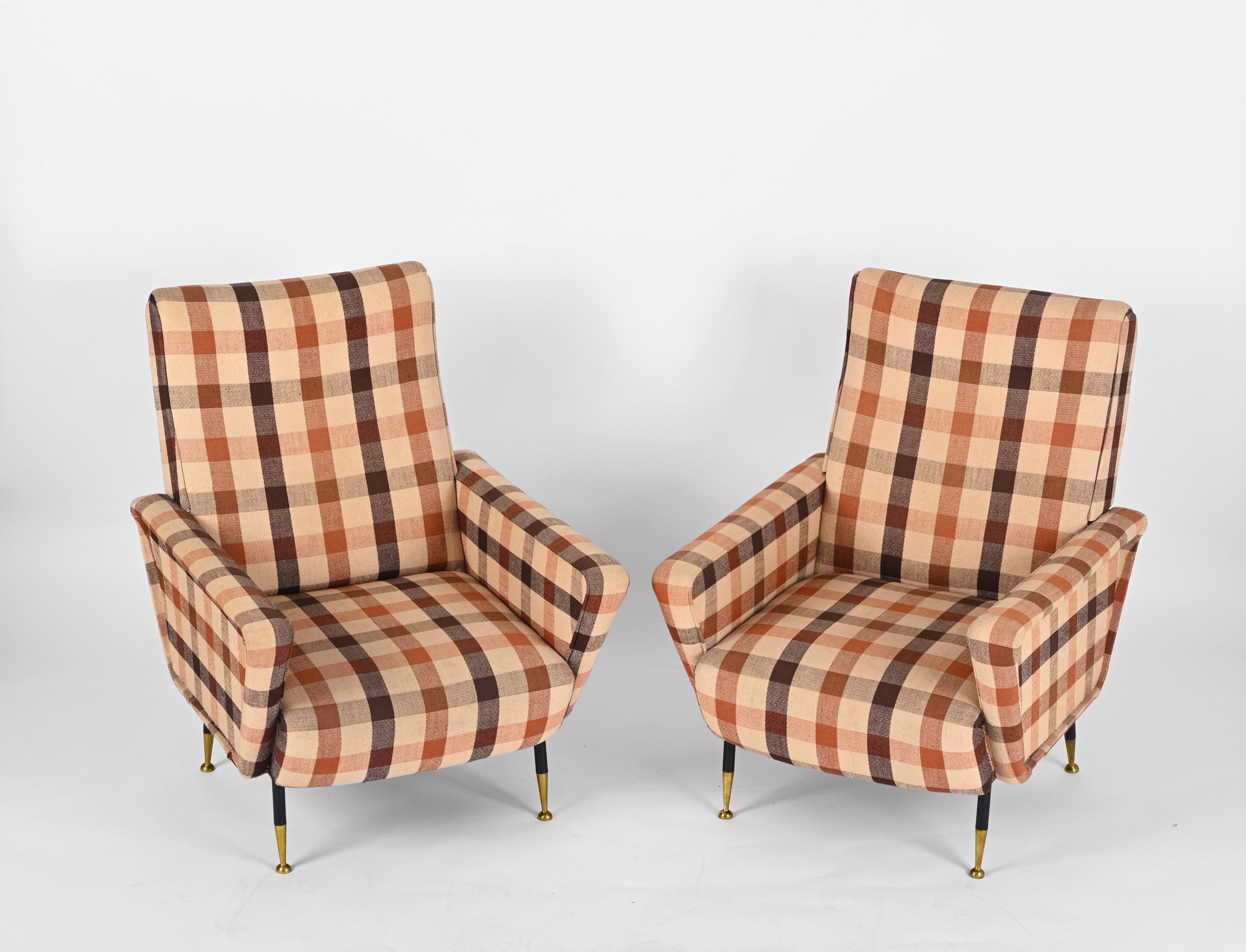 Mid-20th Century Marco Zanuso Pair of Armchairs, Check Fabric, Brass and Metal, Italy 1950s For Sale