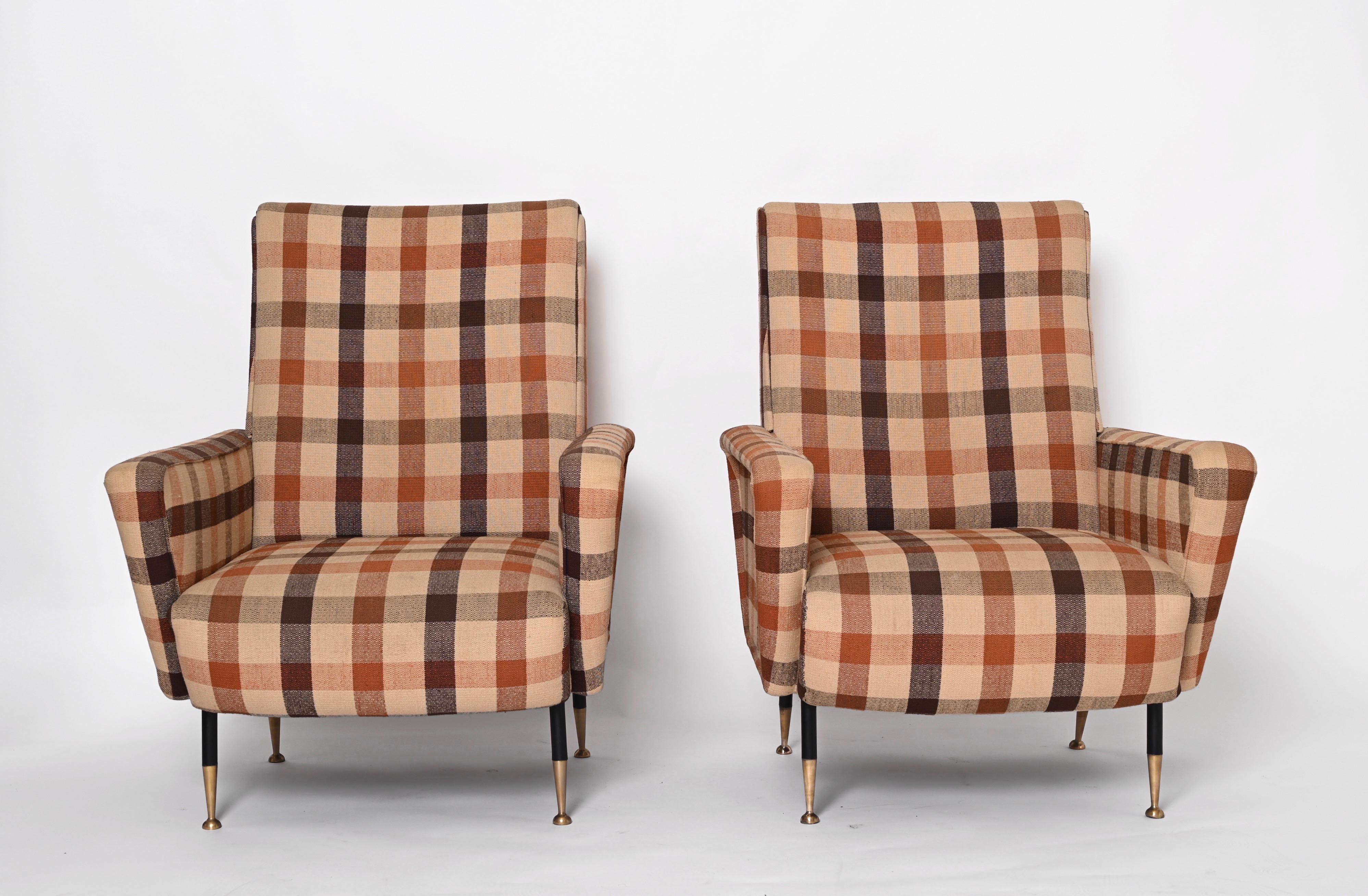 Mid-Century Modern Marco Zanuso Pair of Armchairs, Check Fabric, Brass and Metal, Italy 1950s For Sale