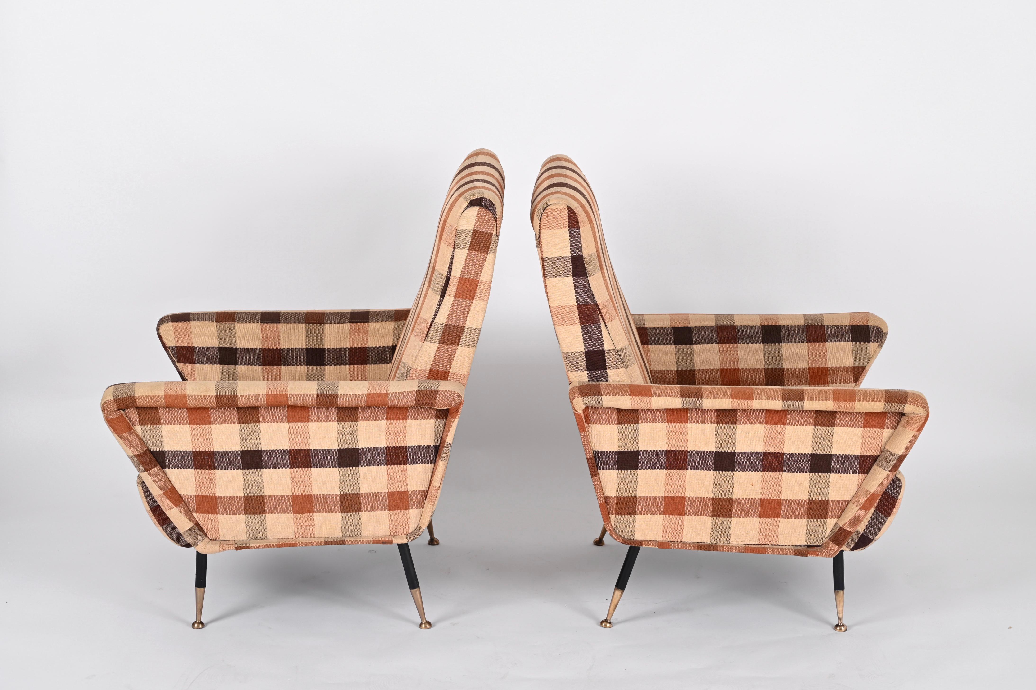 Italian Marco Zanuso Pair of Armchairs, Check Fabric, Brass and Metal, Italy 1950s For Sale