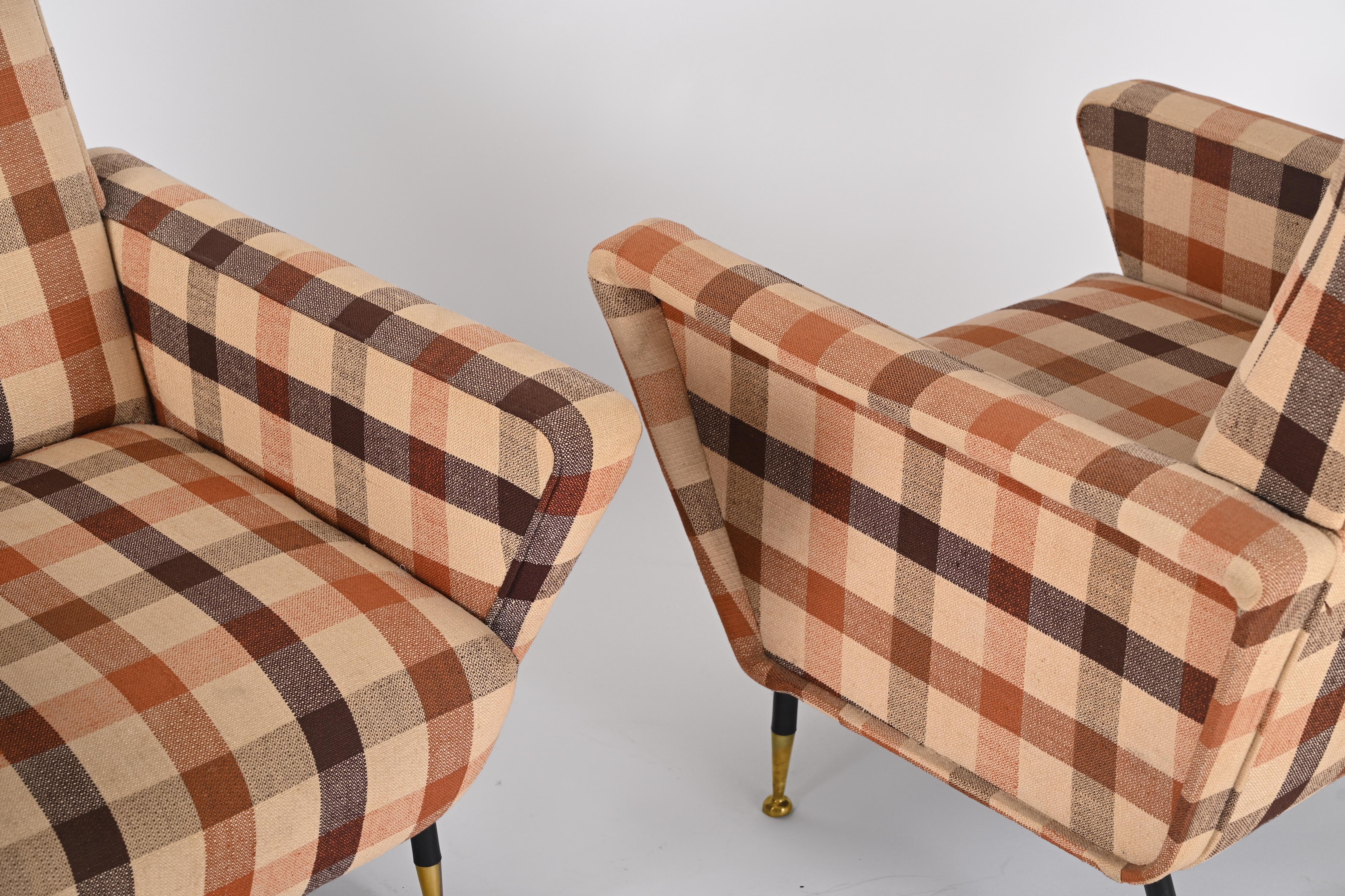 Marco Zanuso Pair of Armchairs, Check Fabric, Brass and Metal, Italy 1950s In Good Condition For Sale In Roma, IT