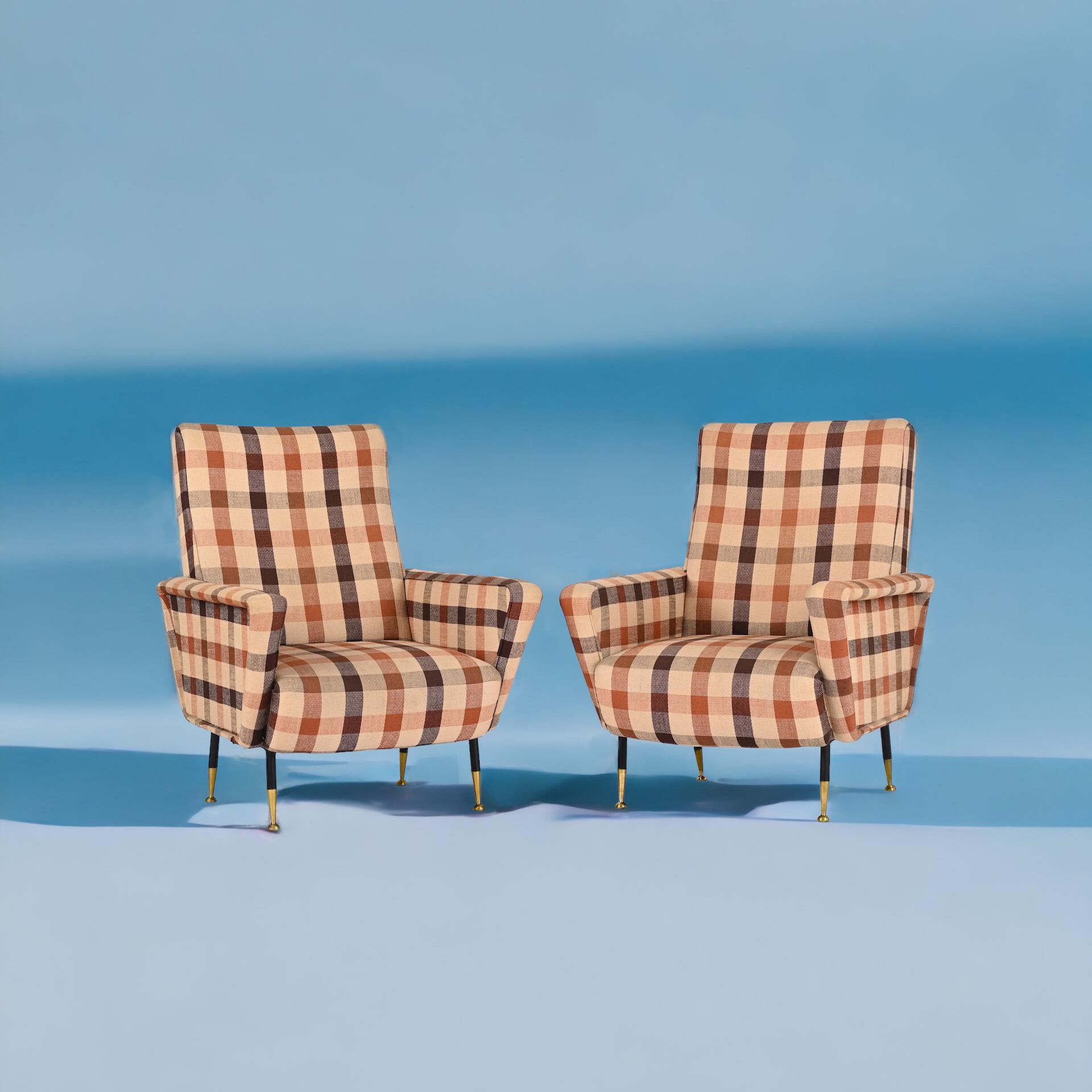 Marco Zanuso Pair of Armchairs, Check Fabric, Brass and Metal, Italy 1950s For Sale 2