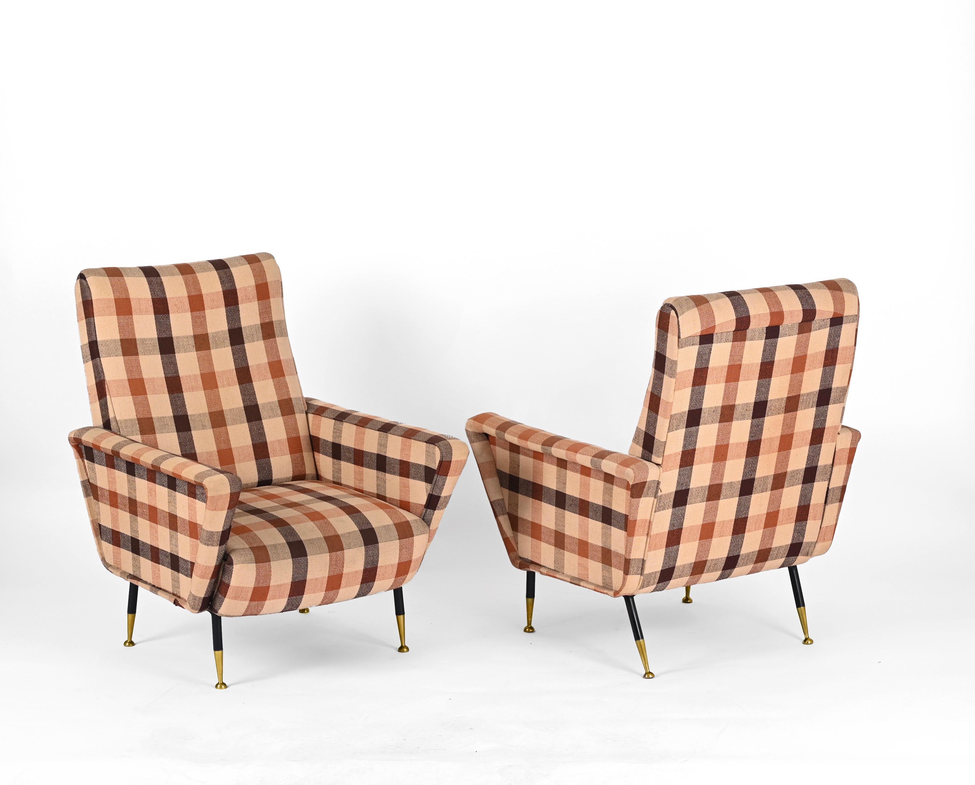 Marco Zanuso Pair of Armchairs, Check Fabric, Brass and Metal, Italy 1950s For Sale 3