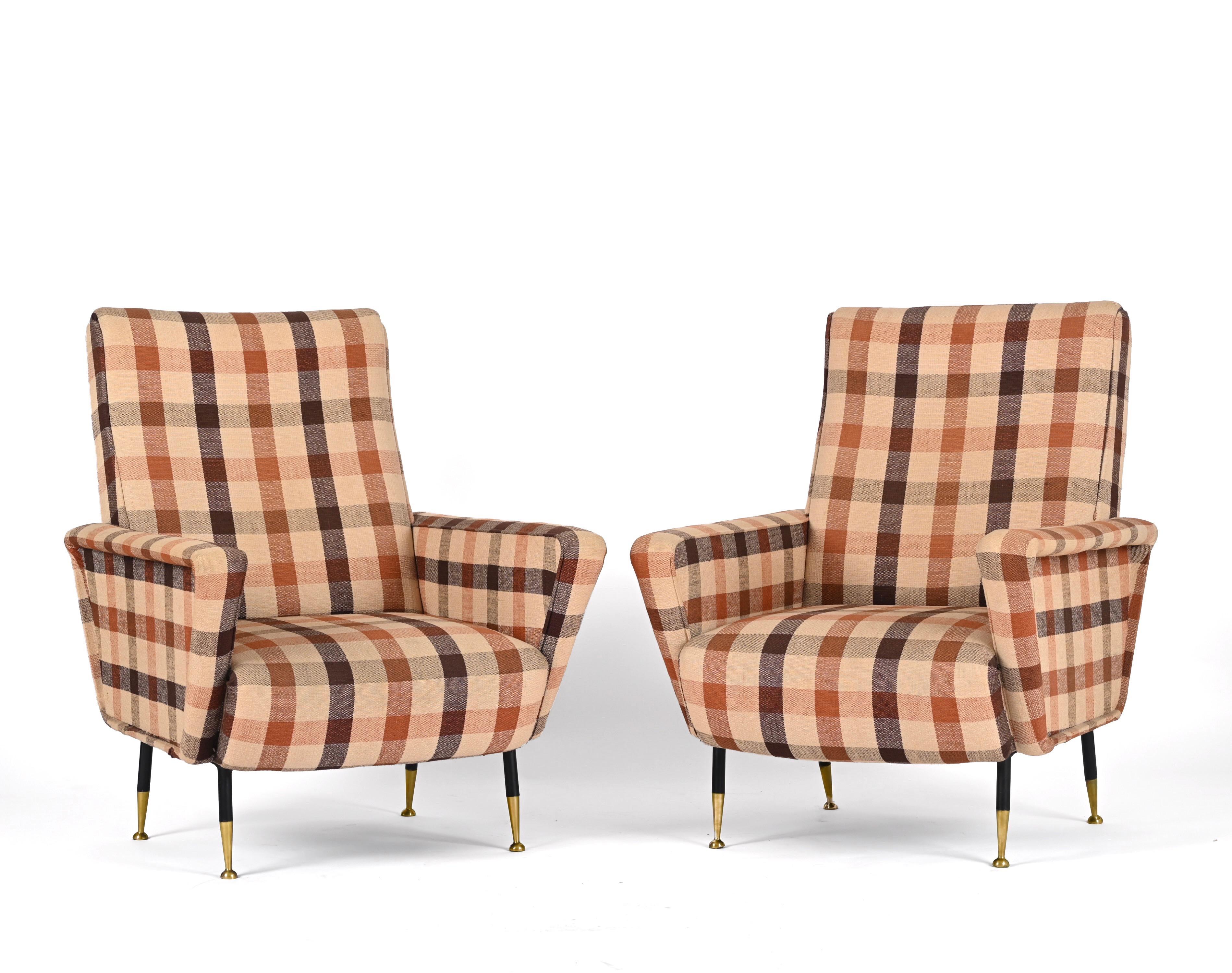 Marco Zanuso Pair of Armchairs, Check Fabric, Brass and Metal, Italy 1950s For Sale 4