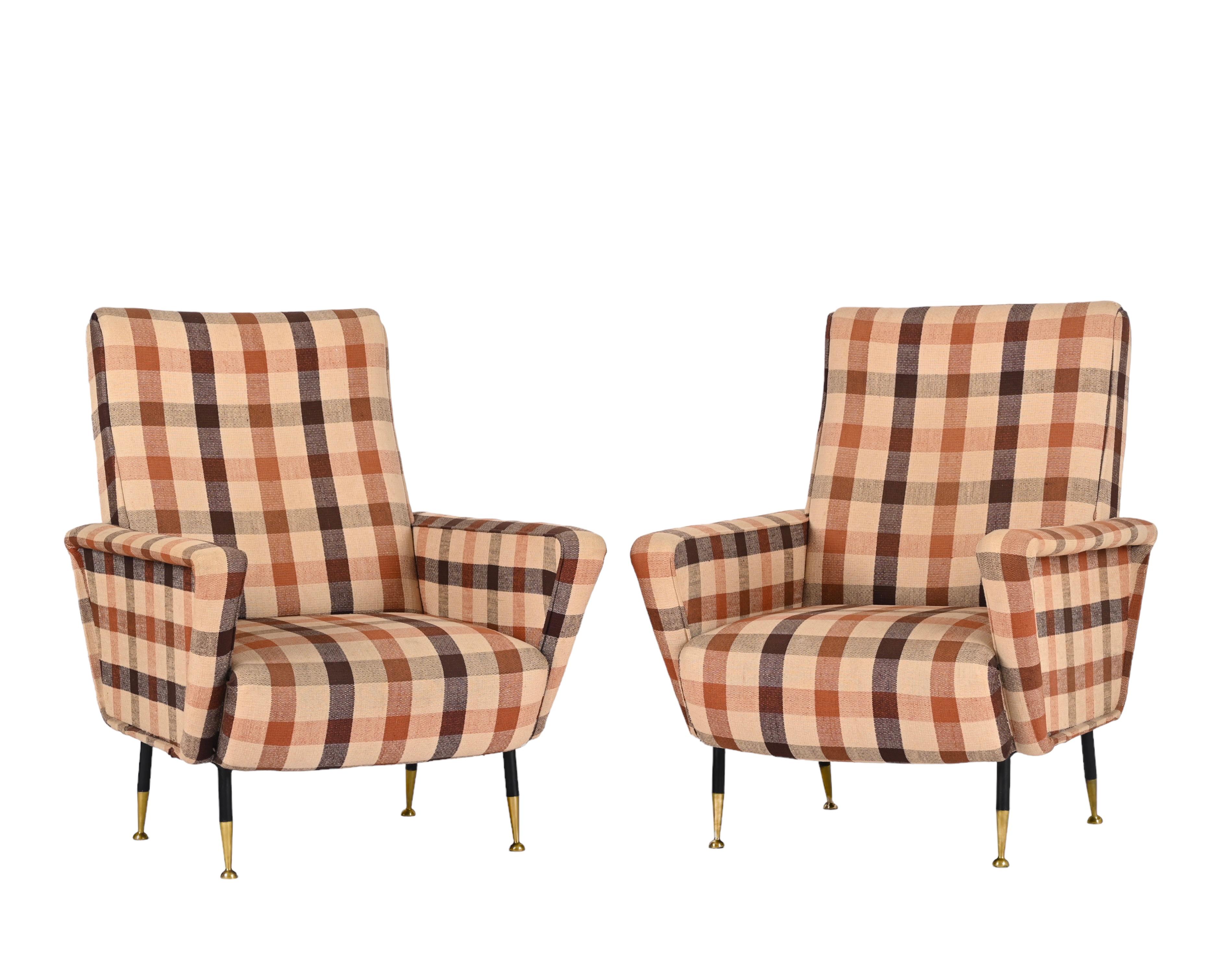 Marco Zanuso Pair of Armchairs, Check Fabric, Brass and Metal, Italy 1950s For Sale 6