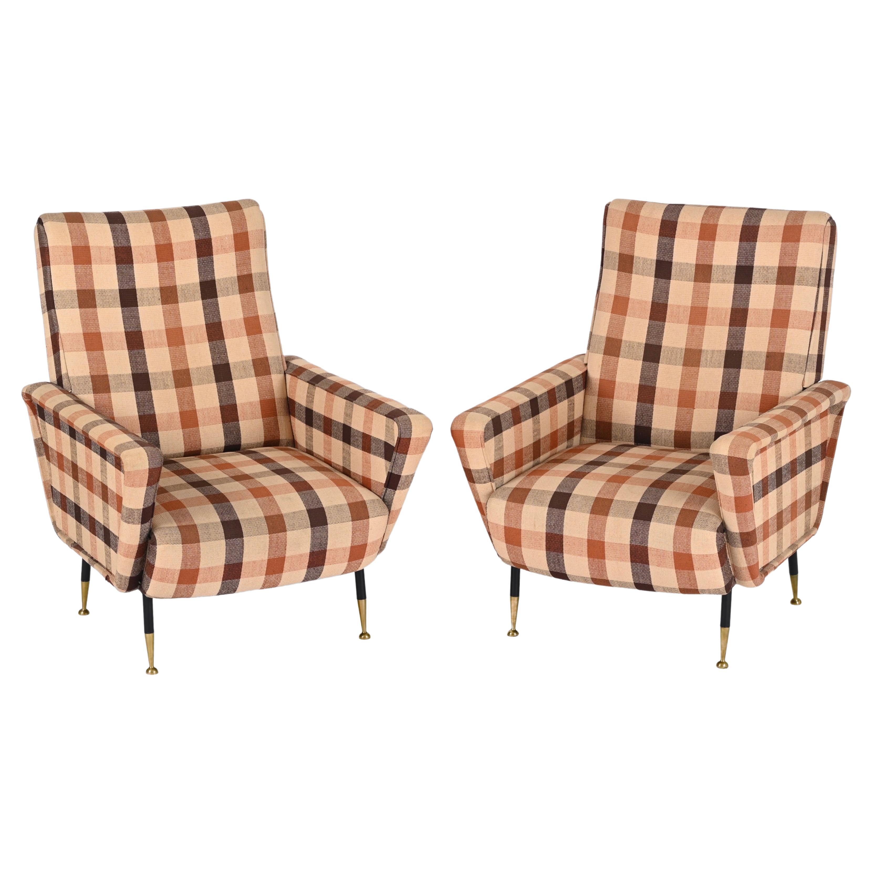 Marco Zanuso Pair of Armchairs, Check Fabric, Brass and Metal, Italy 1950s