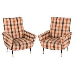 Retro Marco Zanuso Pair of Armchairs, Check Fabric, Brass and Metal, Italy 1950s