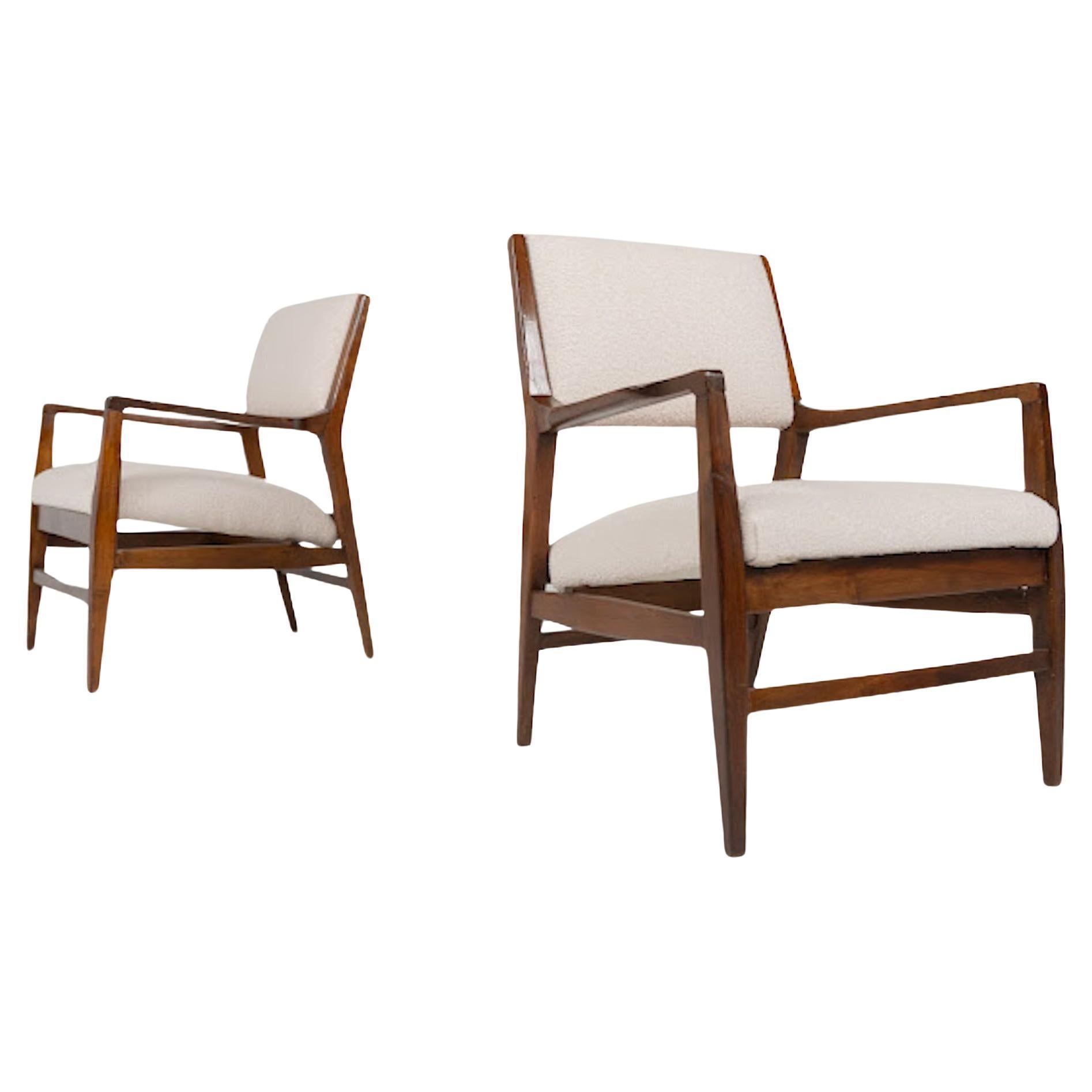Mid-Century Pair of Armchairs, Wood and Fabric, Italy, 1960s