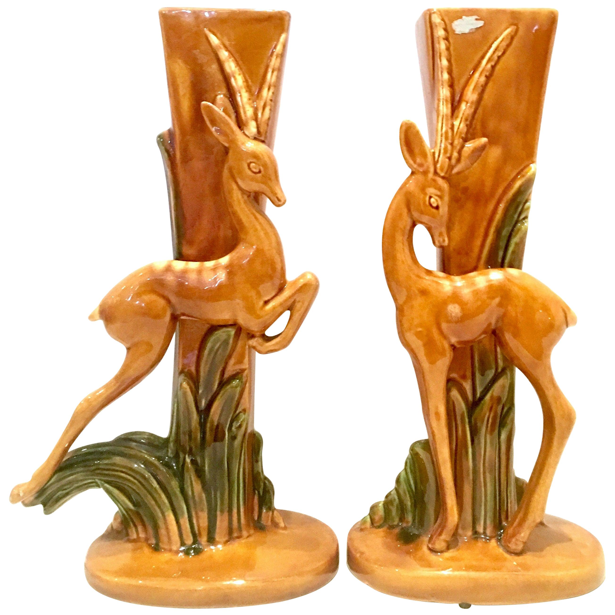 Mid-20th Century pair of Art Deco ceramic glaze Gazelle vases by Royal Haeger. E