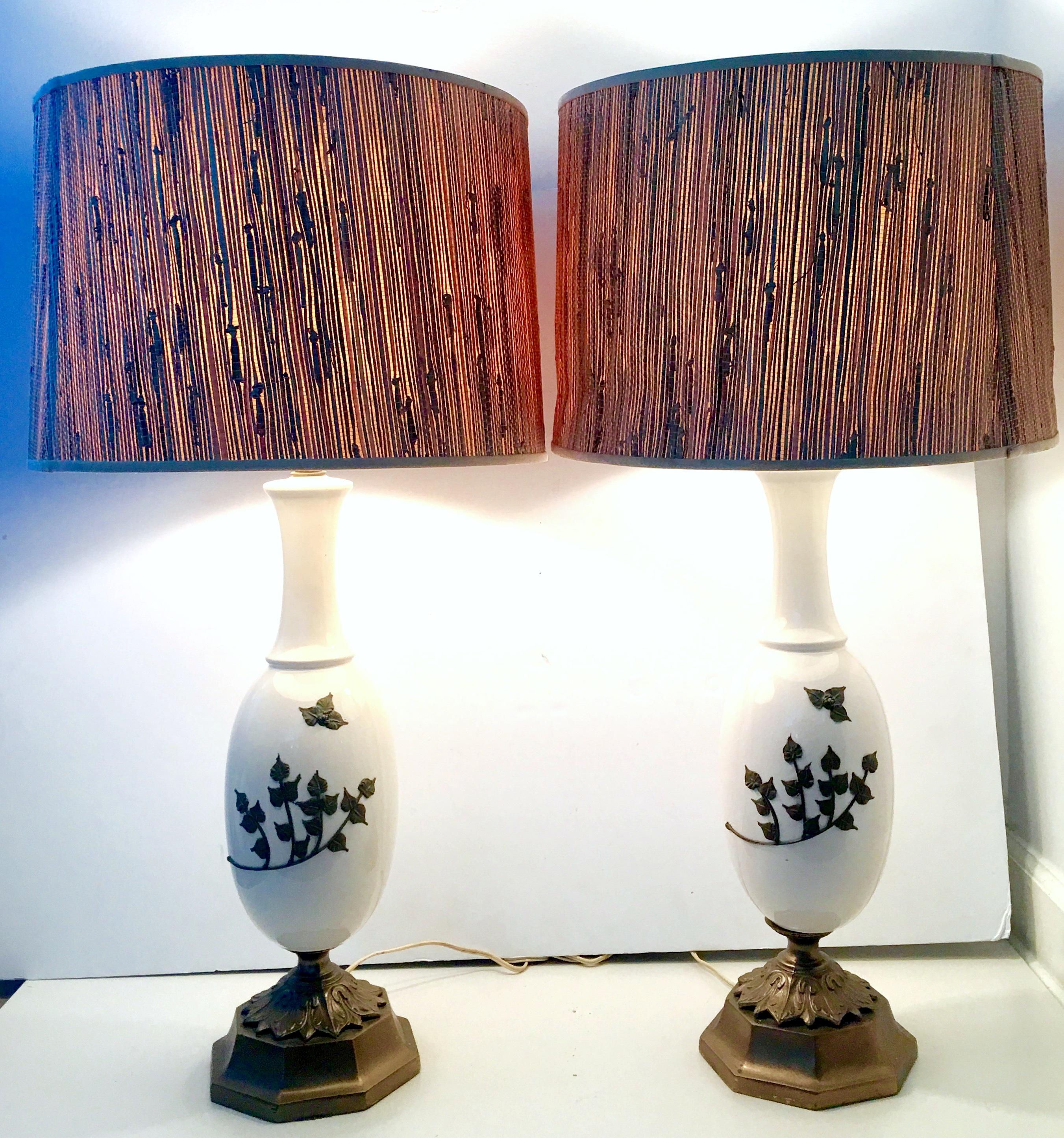 Hand-Crafted Mid-Century Pair Of  Art Nouveau Ceramic Glaze Ostrich Egg Form & Bronze Lamps For Sale