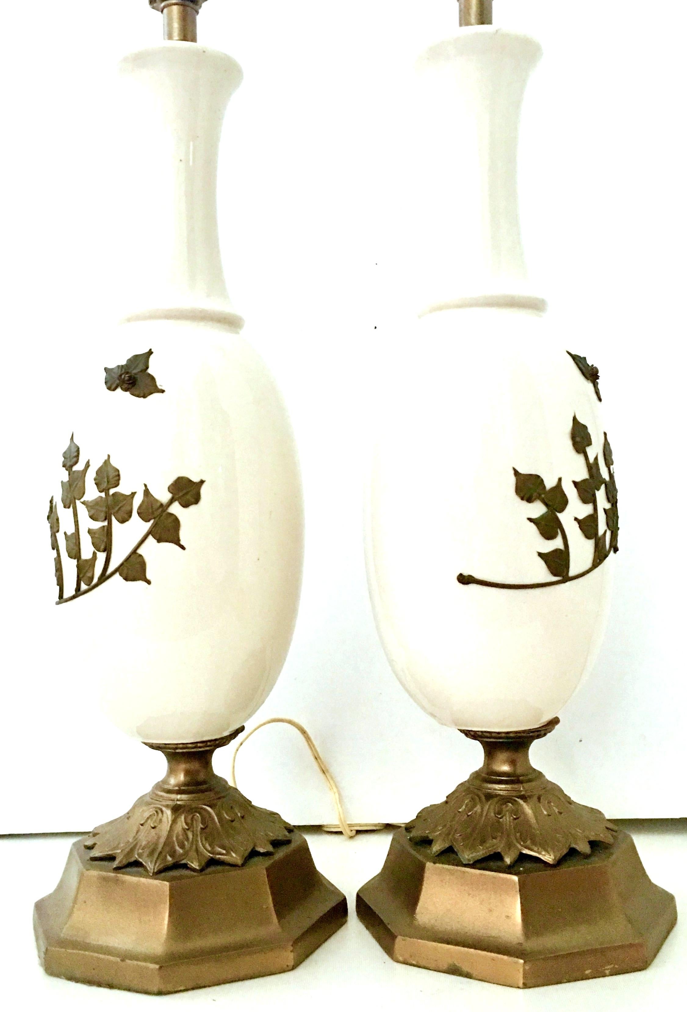 20th Century Midcentury Pair of Art Nouveau Ceramic Glaze Ostrich Egg Form and Bronze Lamps For Sale