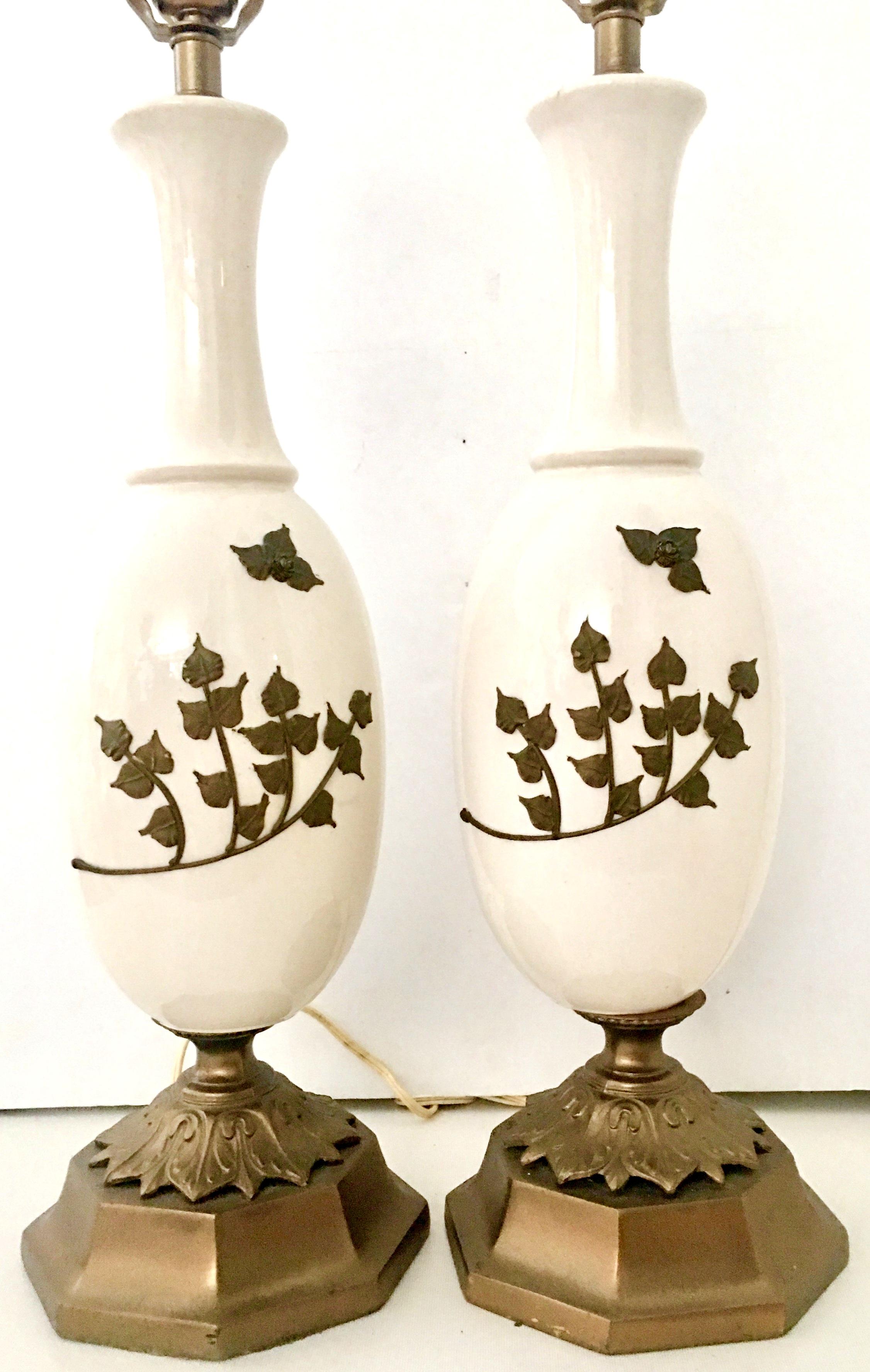 20th Century Mid-Century Pair Of  Art Nouveau Ceramic Glaze Ostrich Egg Form & Bronze Lamps For Sale