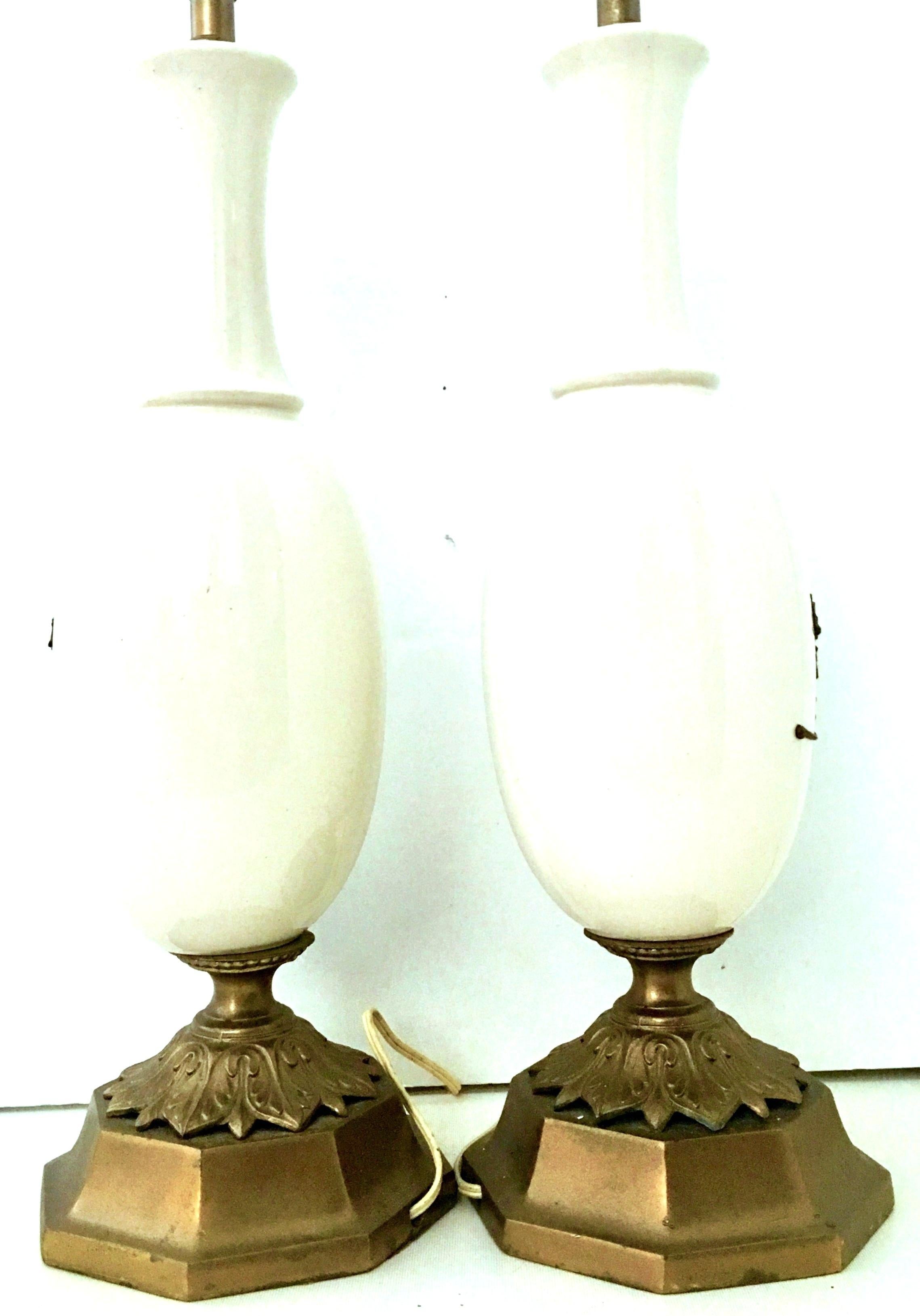Midcentury Pair of Art Nouveau Ceramic Glaze Ostrich Egg Form and Bronze Lamps For Sale 1