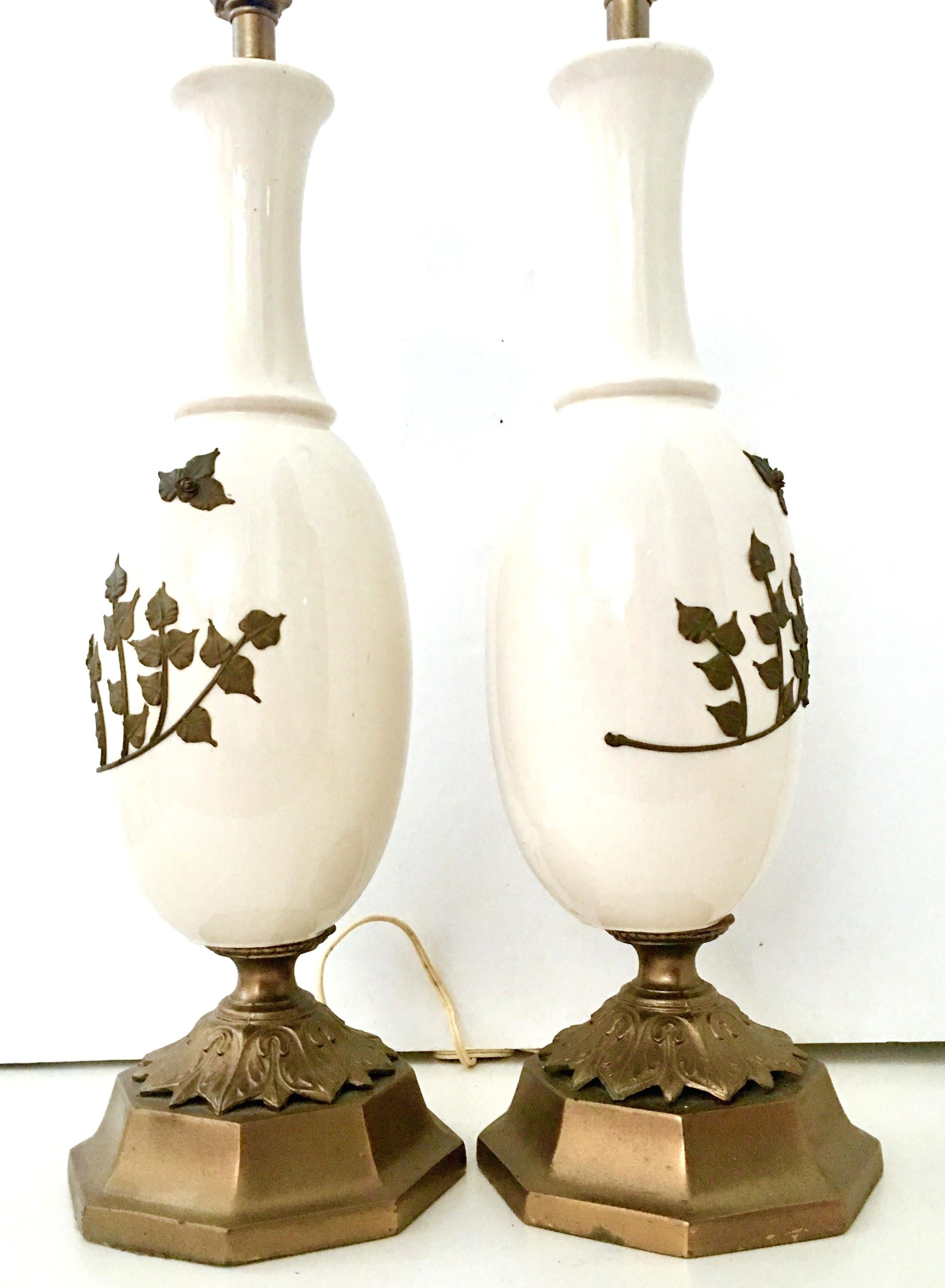 Mid-Century Pair Of  Art Nouveau Ceramic Glaze Ostrich Egg Form & Bronze Lamps For Sale 1