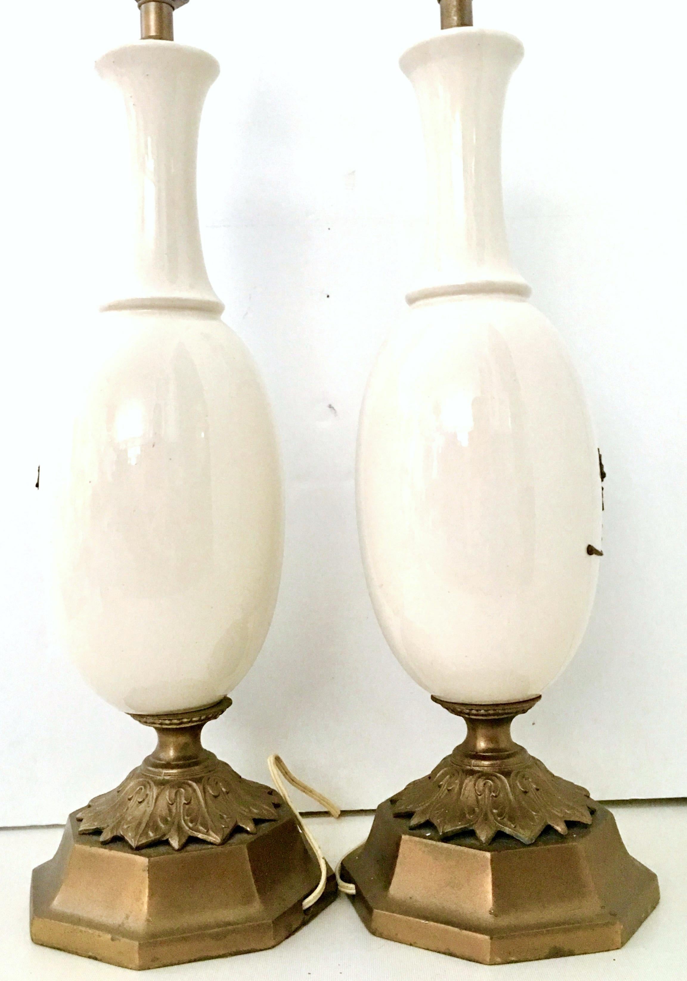 Mid-Century Pair Of  Art Nouveau Ceramic Glaze Ostrich Egg Form & Bronze Lamps For Sale 2