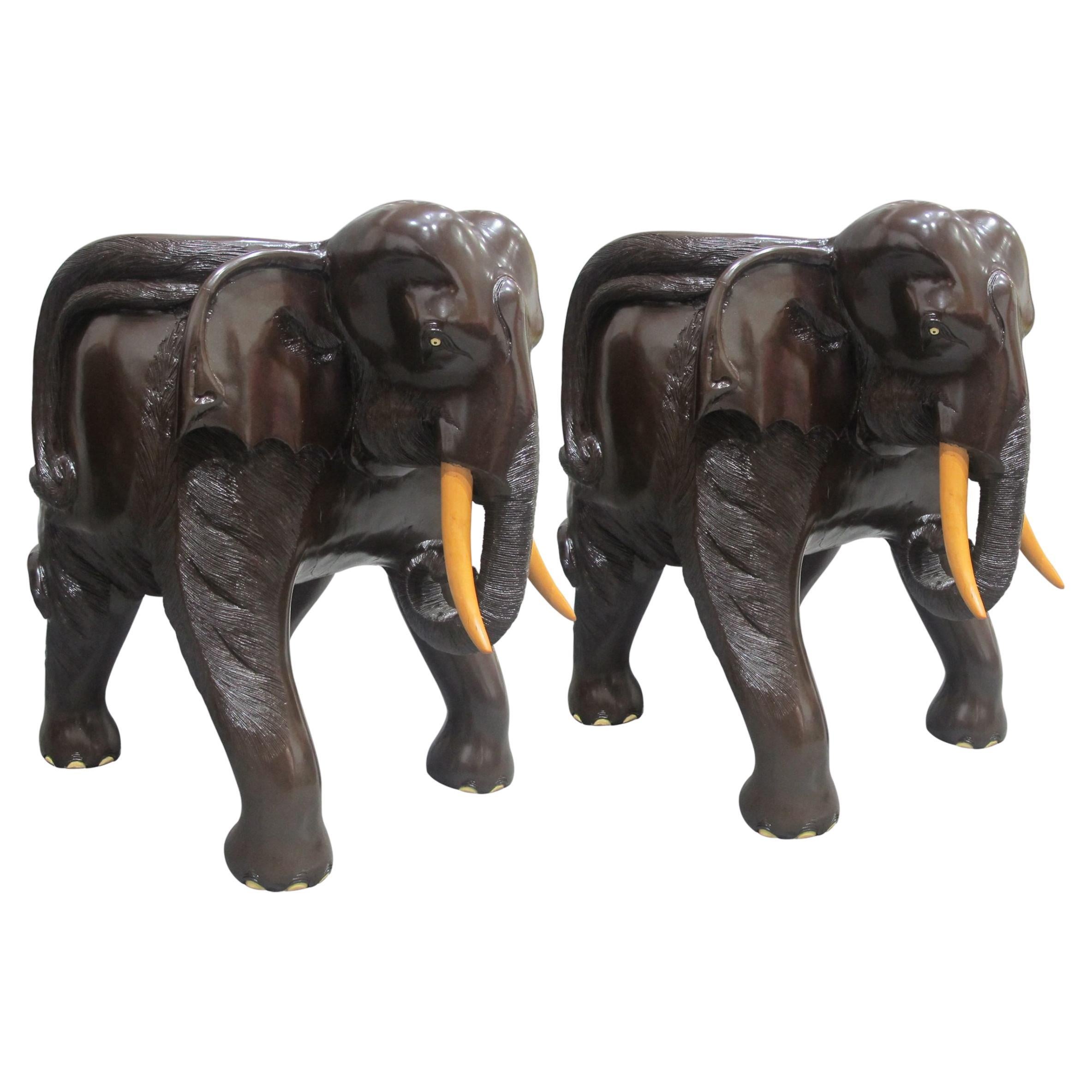 Mid-Century Pair of Balinese Hand-Carved Hardwood Elephant Chairs