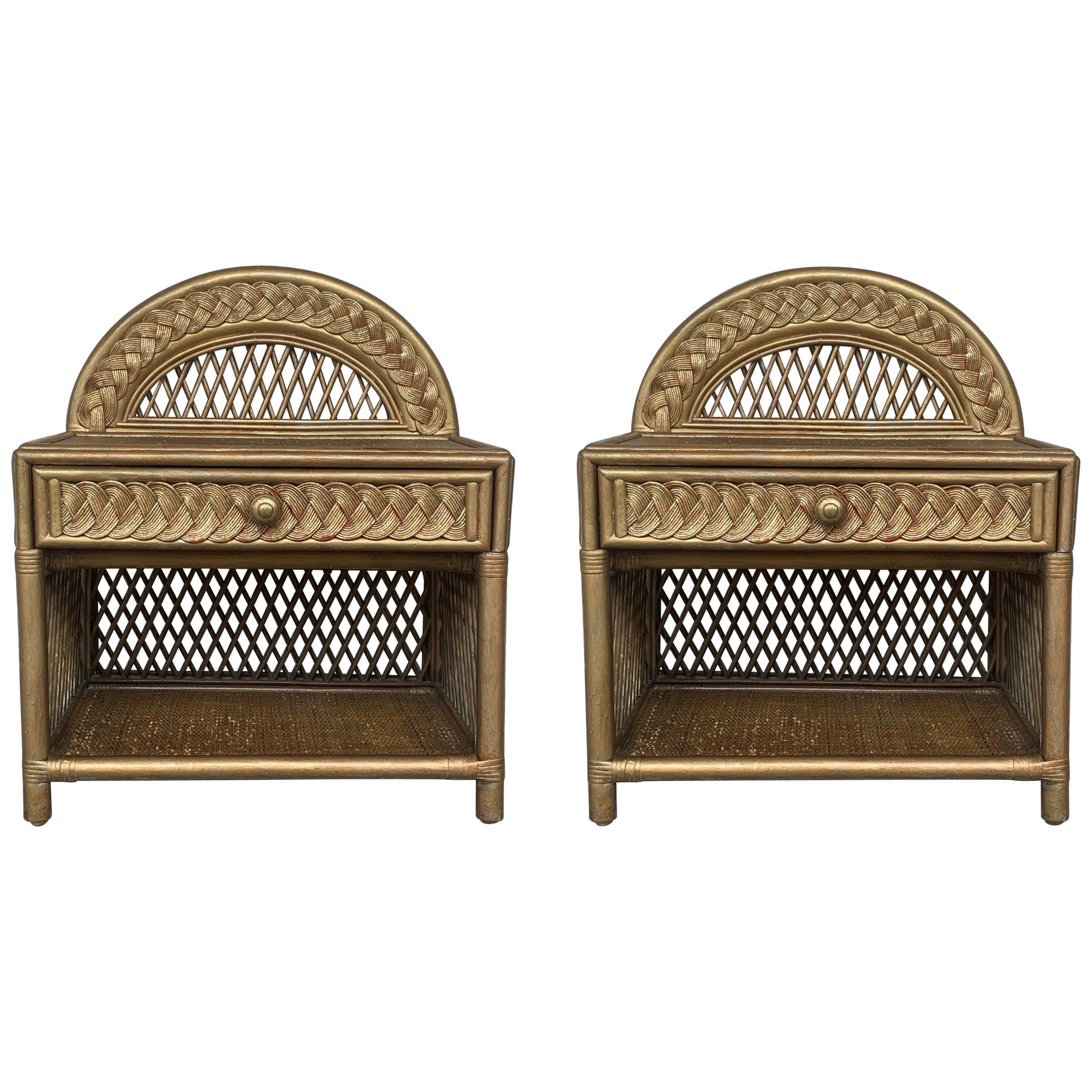 Midcentury Pair of Bamboo & Rattan Gold Nightstands with Drawer and Low Shelve