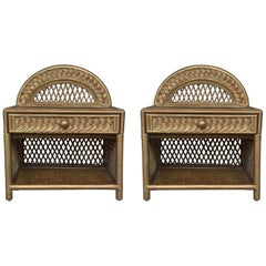 Midcentury Pair of Bamboo & Rattan Gold Nightstands with Drawer and Low Shelve