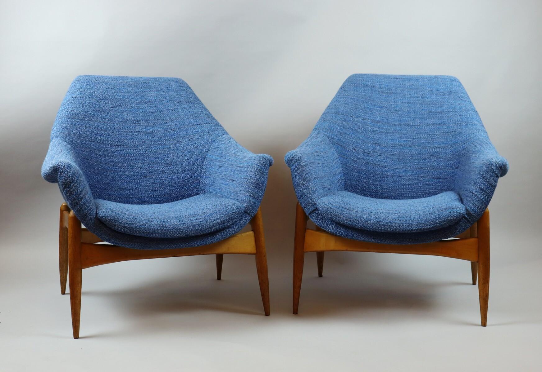 Mid-Century Pair of Blue Fabric Armchairs by Julia Gaubek, Hungary, 1950s.
