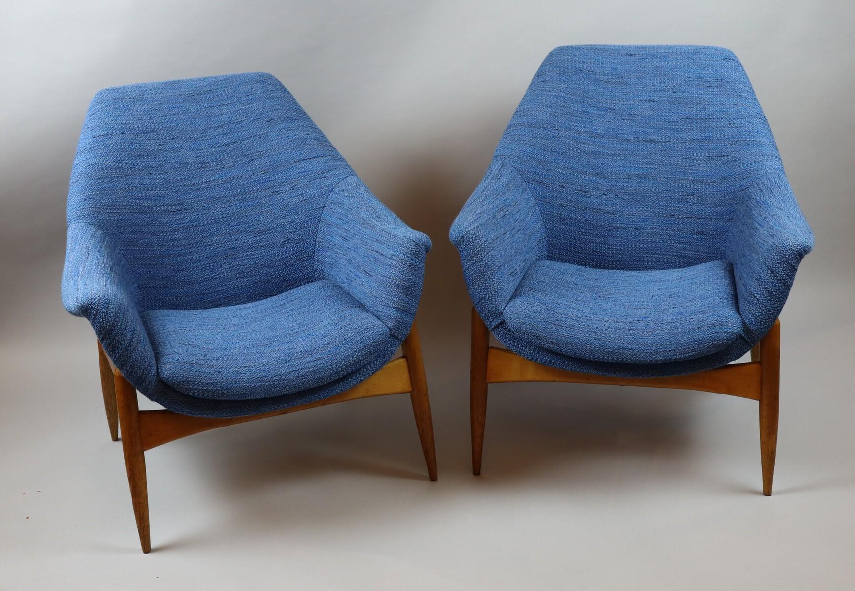 Mid-Century Modern Mid-Century Pair of Blue Fabric Armchairs by Julia Gaubek, Hungary, 1950s For Sale