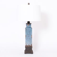 Midcentury Pair of Blue Glazed Earthenware Table Lamps