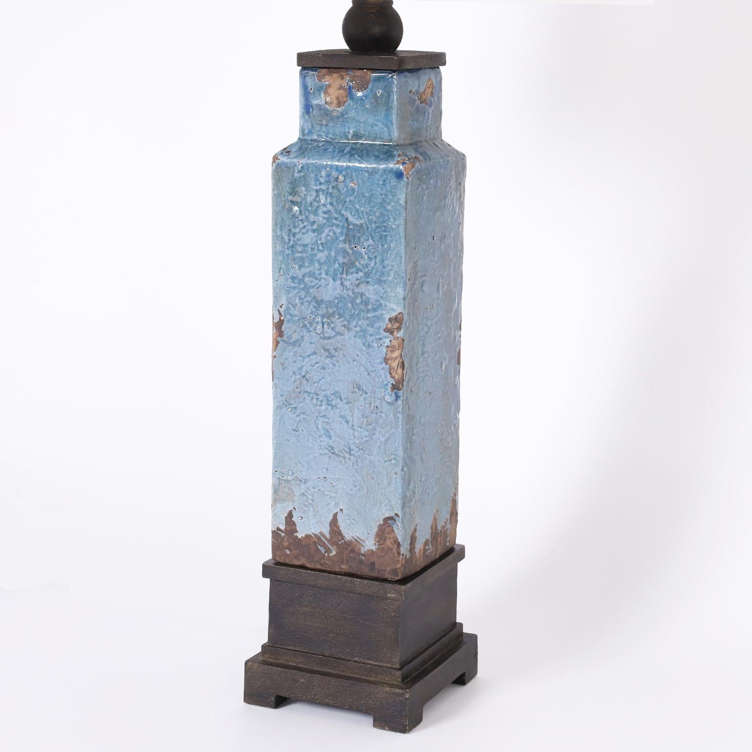 Italian Midcentury Pair of Blue Glazed Earthenware Table Lamps For Sale