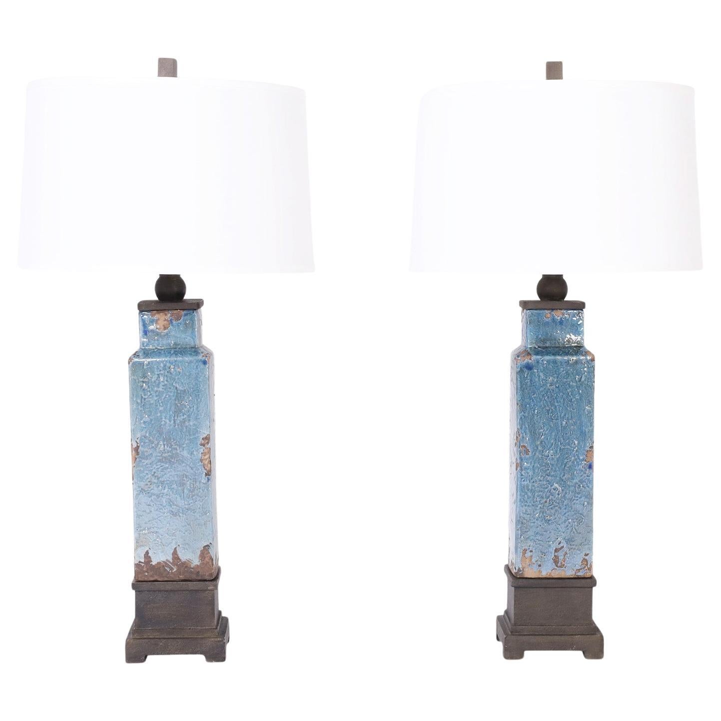 Midcentury Pair of Blue Glazed Earthenware Table Lamps For Sale