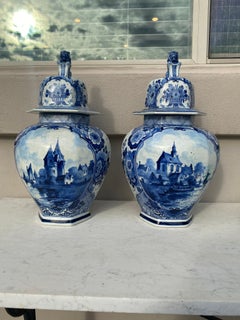 Mid-Century Pair of Blue & White Delft Ginger Jars