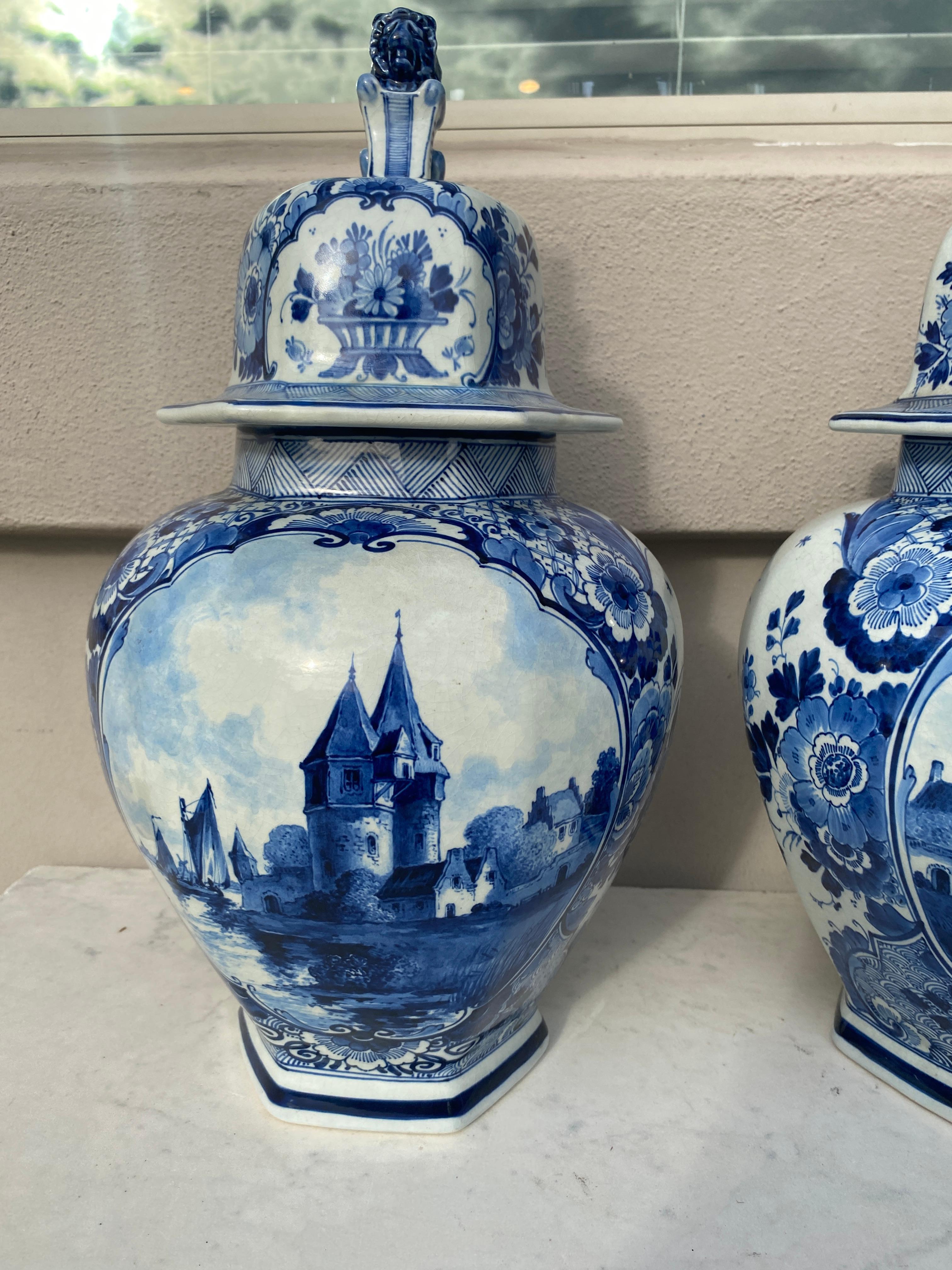 Mid-Century Modern Mid-Century Pair of Blue & White Delft Ginger Jars