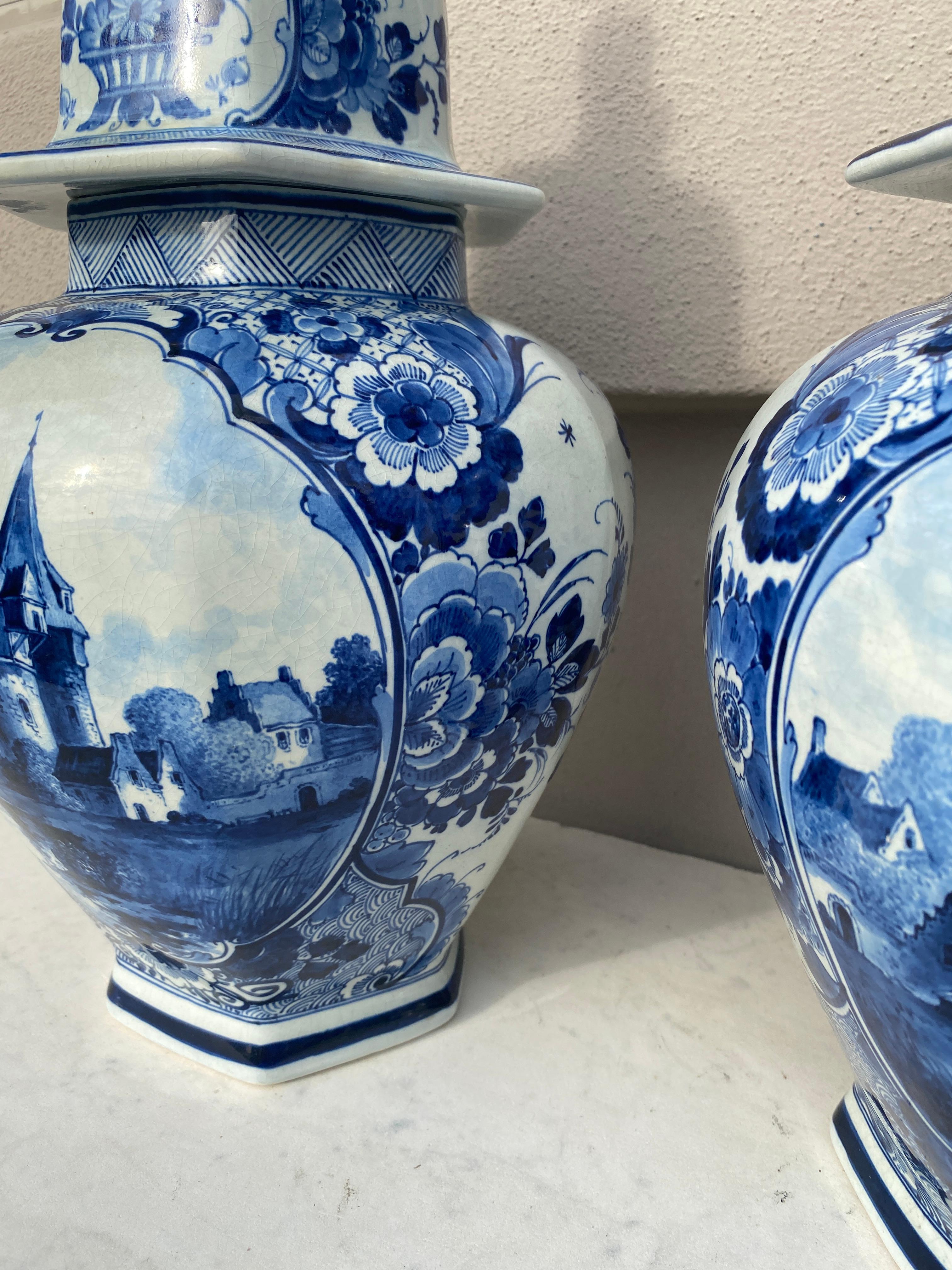 Dutch Mid-Century Pair of Blue & White Delft Ginger Jars