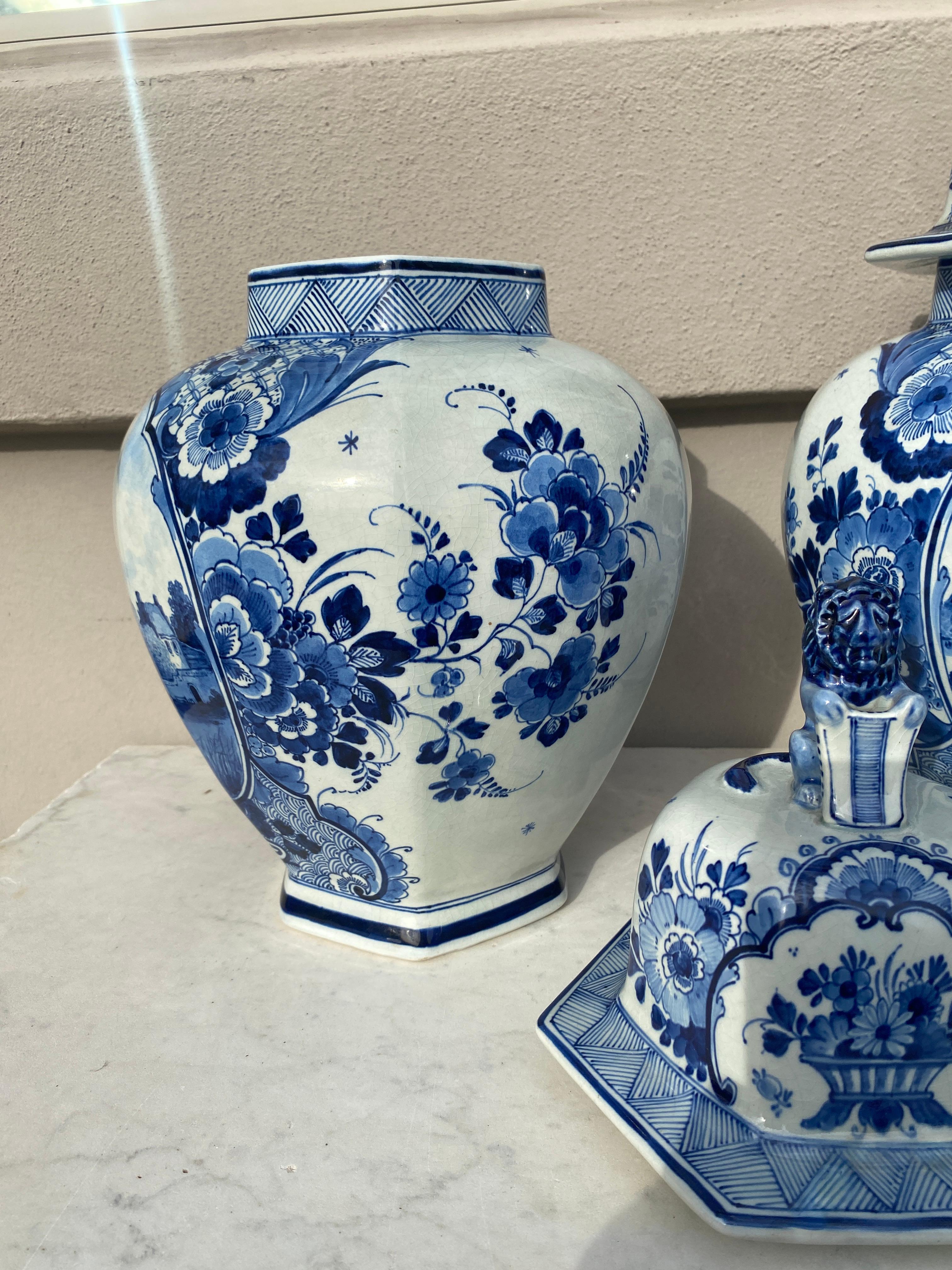 Faience Mid-Century Pair of Blue & White Delft Ginger Jars
