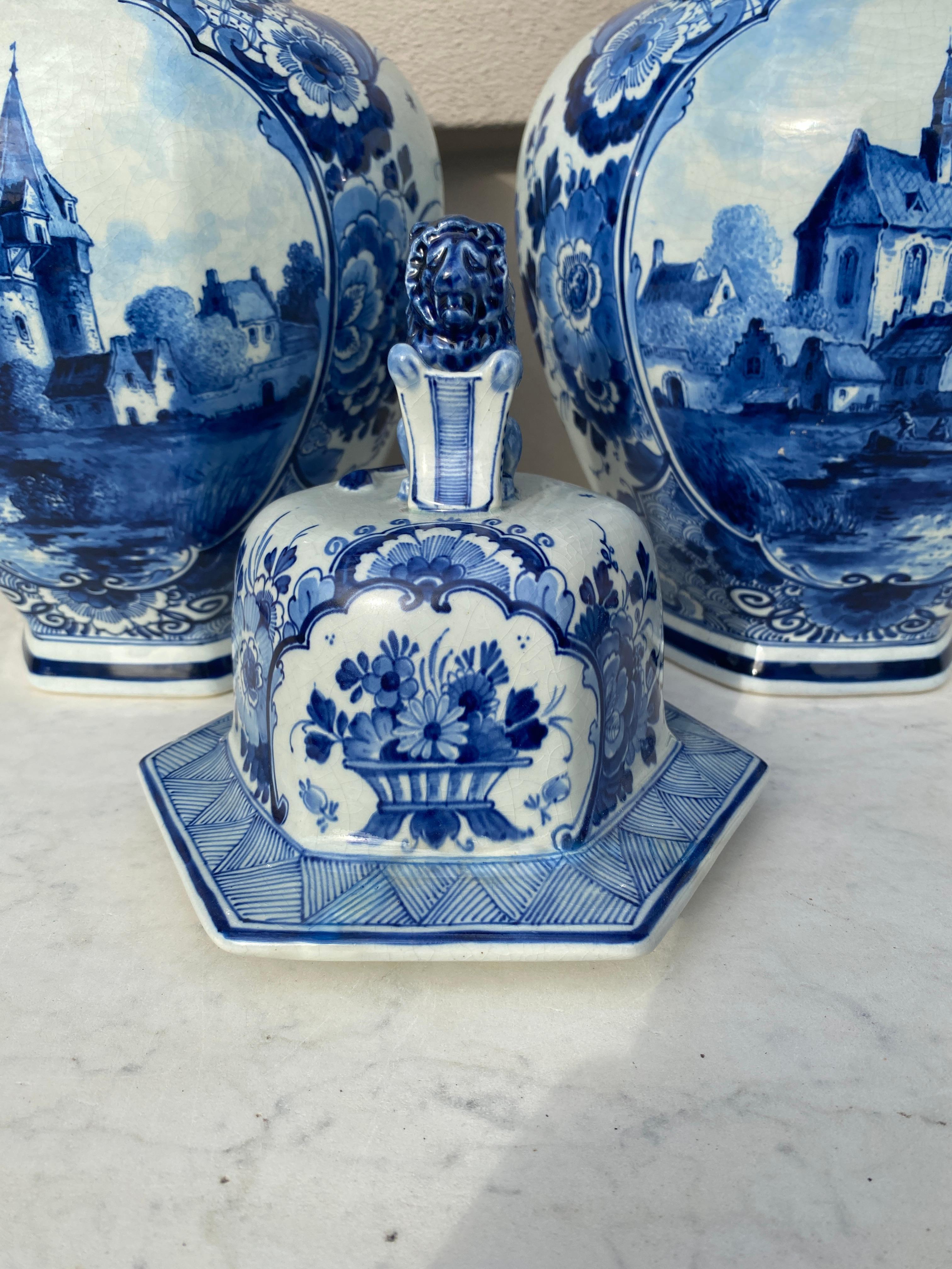 Mid-Century Pair of Blue & White Delft Ginger Jars 1