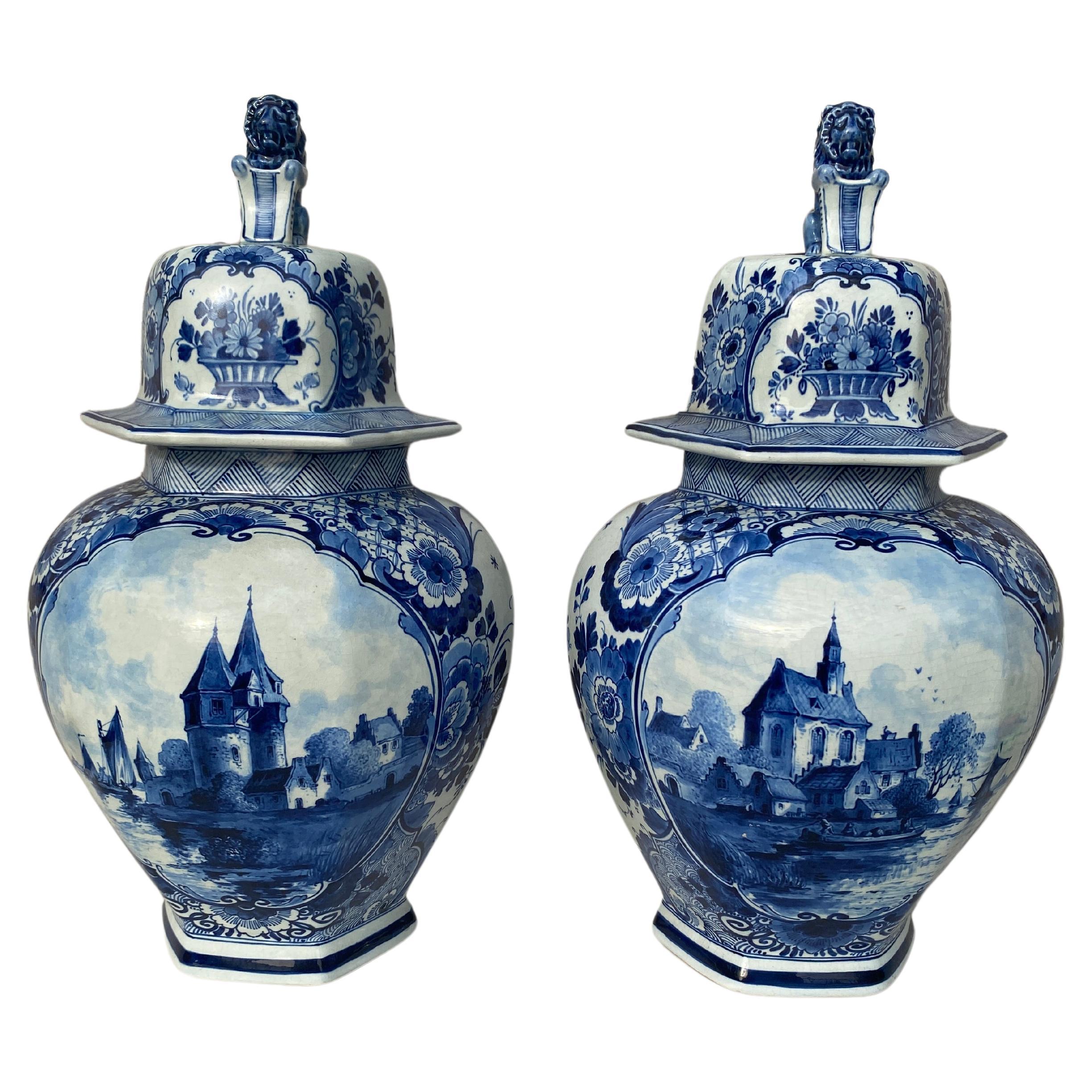 Mid-Century Pair of Blue & White Delft Ginger Jars