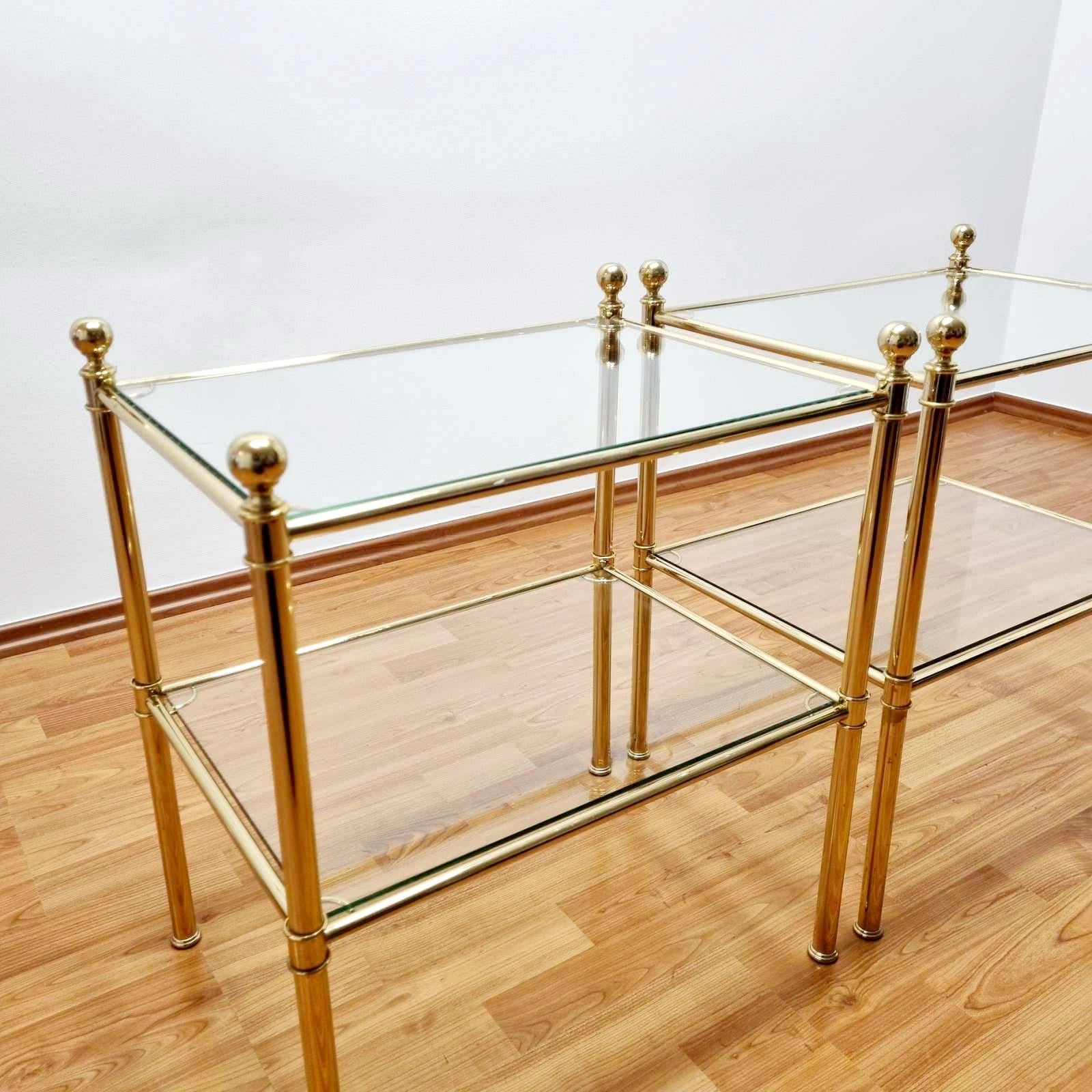 Italian Mid Century Pair of Brass and Glass Bedside or Side Tables, Italy 80s For Sale