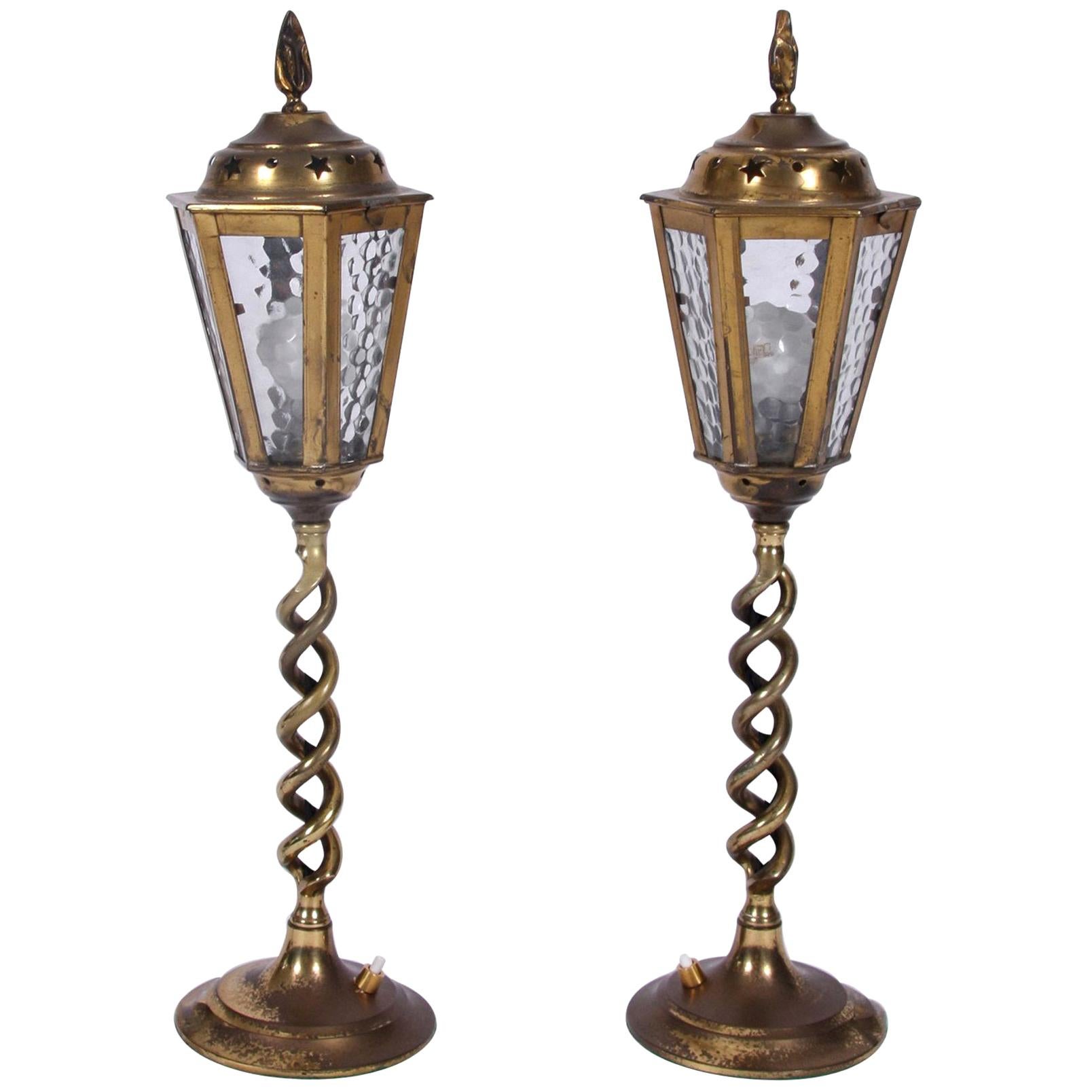 Midcentury Pair of Brass and Glass Table Lanterns with Star Detail For Sale