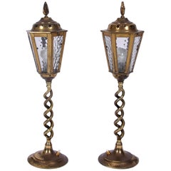 Midcentury Pair of Brass and Glass Table Lanterns with Star Detail