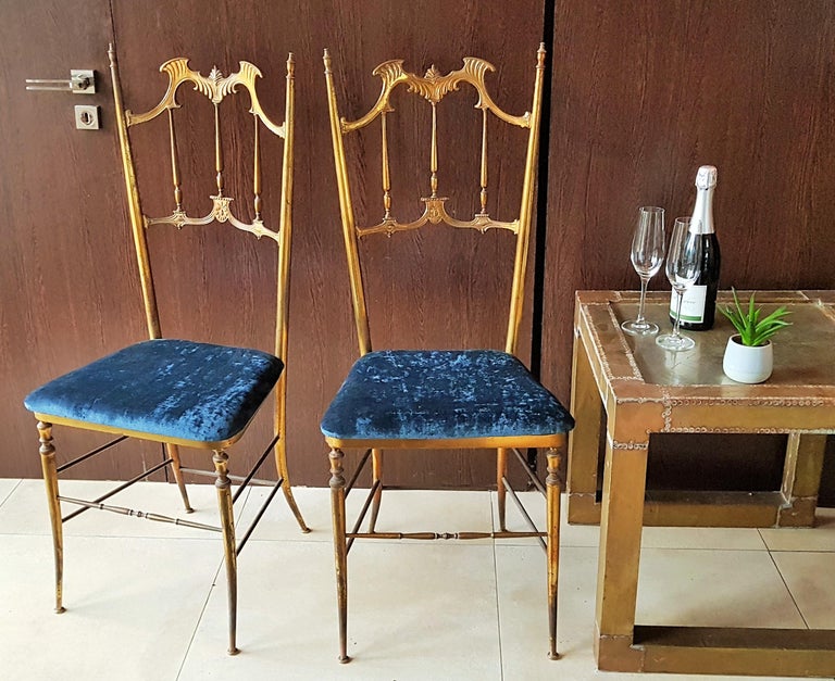 Midcentury Pair of Brass Italian Chiavari Chairs, Italy, 1950s For Sale 9