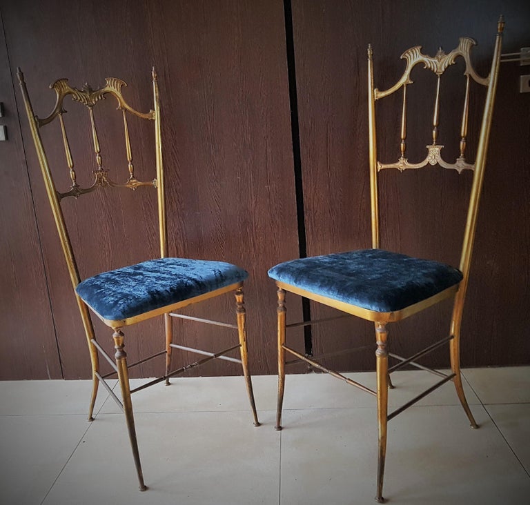 Midcentury Pair of Brass Italian Chiavari Chairs, Italy, 1950s For Sale 4