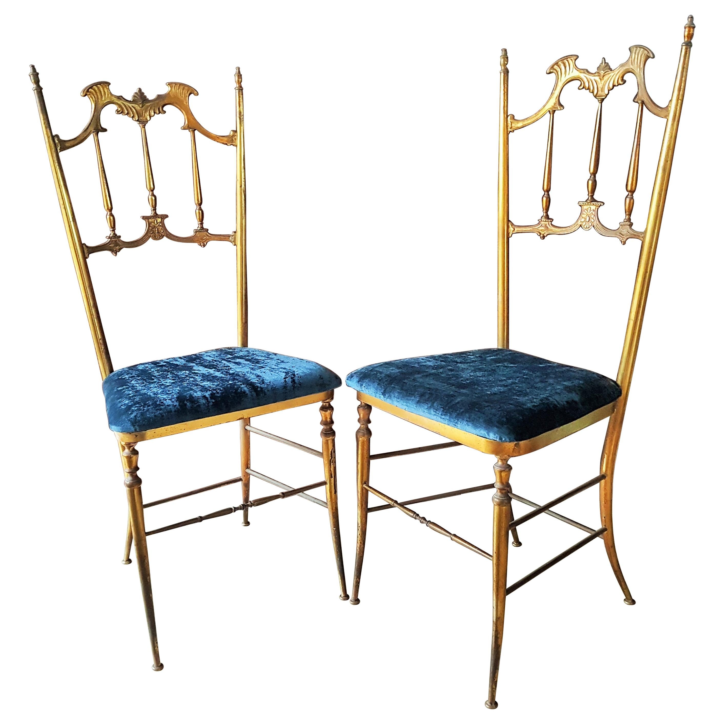 Midcentury Pair of Brass Italian Chiavari Chairs, Italy, 1950s
