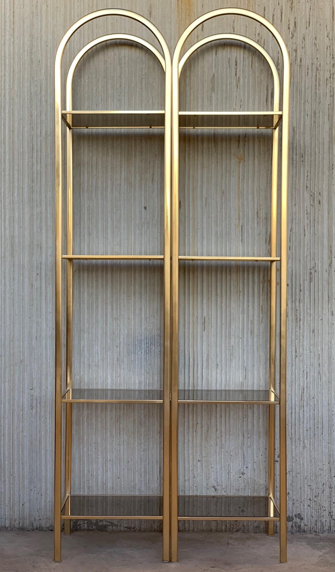 Italian Midcentury Pair of Brass Shelves O Étagères with Smoked Glass