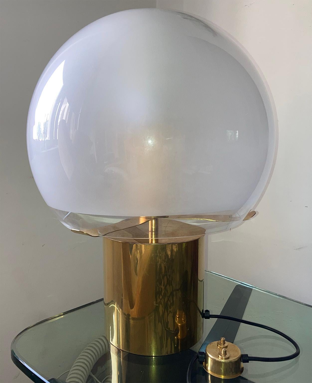 Glass Mid Century Pair of Brass Table Lamps Porcino by L.C. Dominioni for Azucena 1966 For Sale