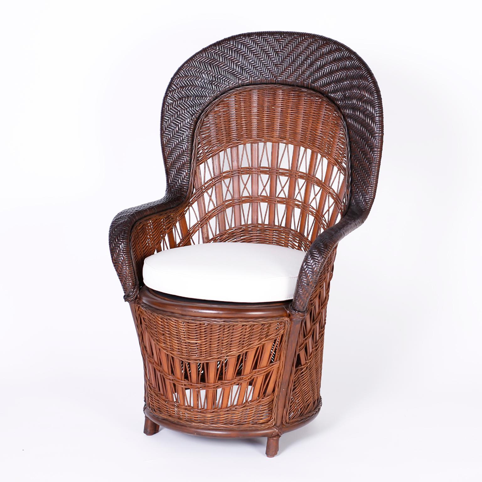 Japanese Midcentury Pair of British Colonial Style Wicker and Reed Peacock Chairs