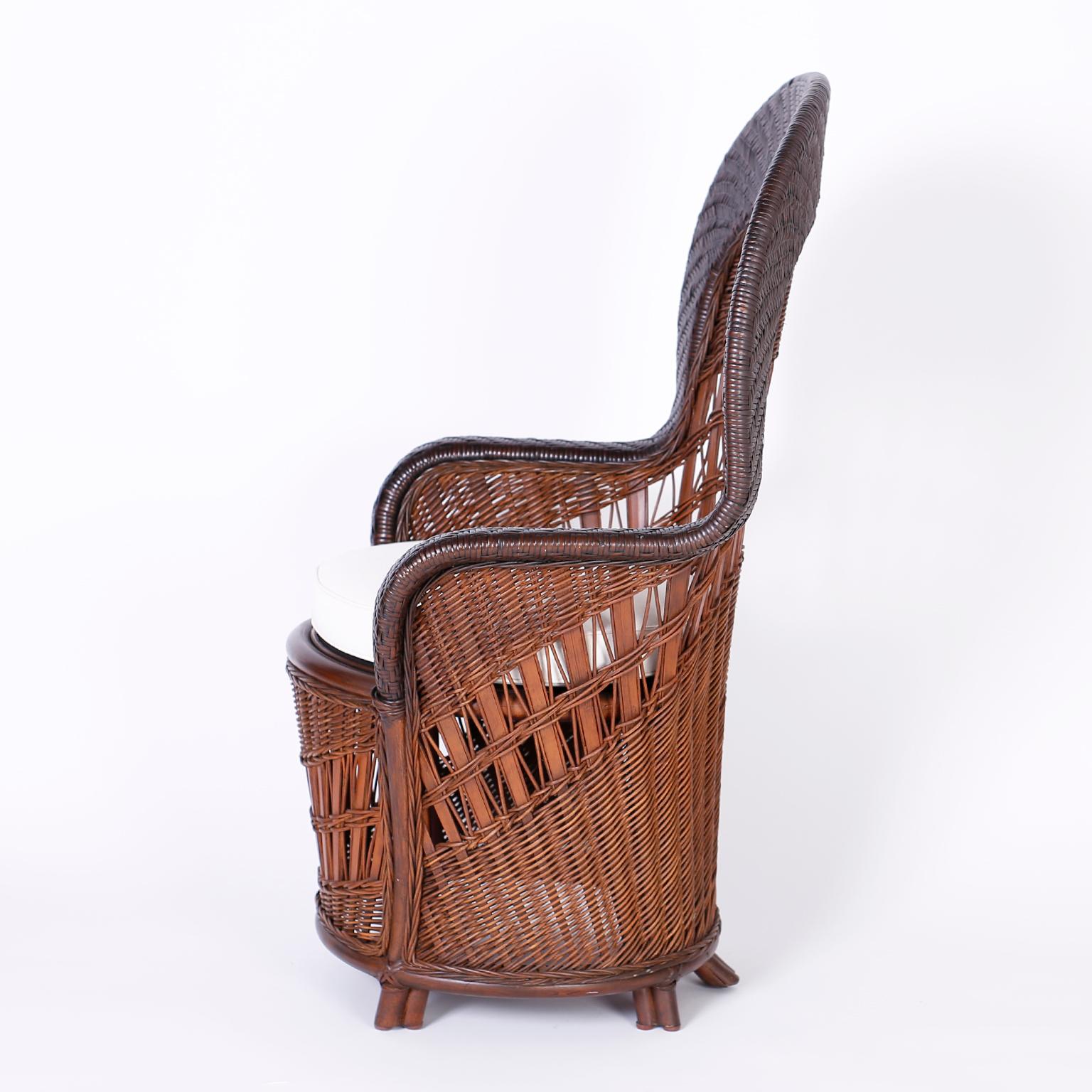 Hand-Woven Midcentury Pair of British Colonial Style Wicker and Reed Peacock Chairs