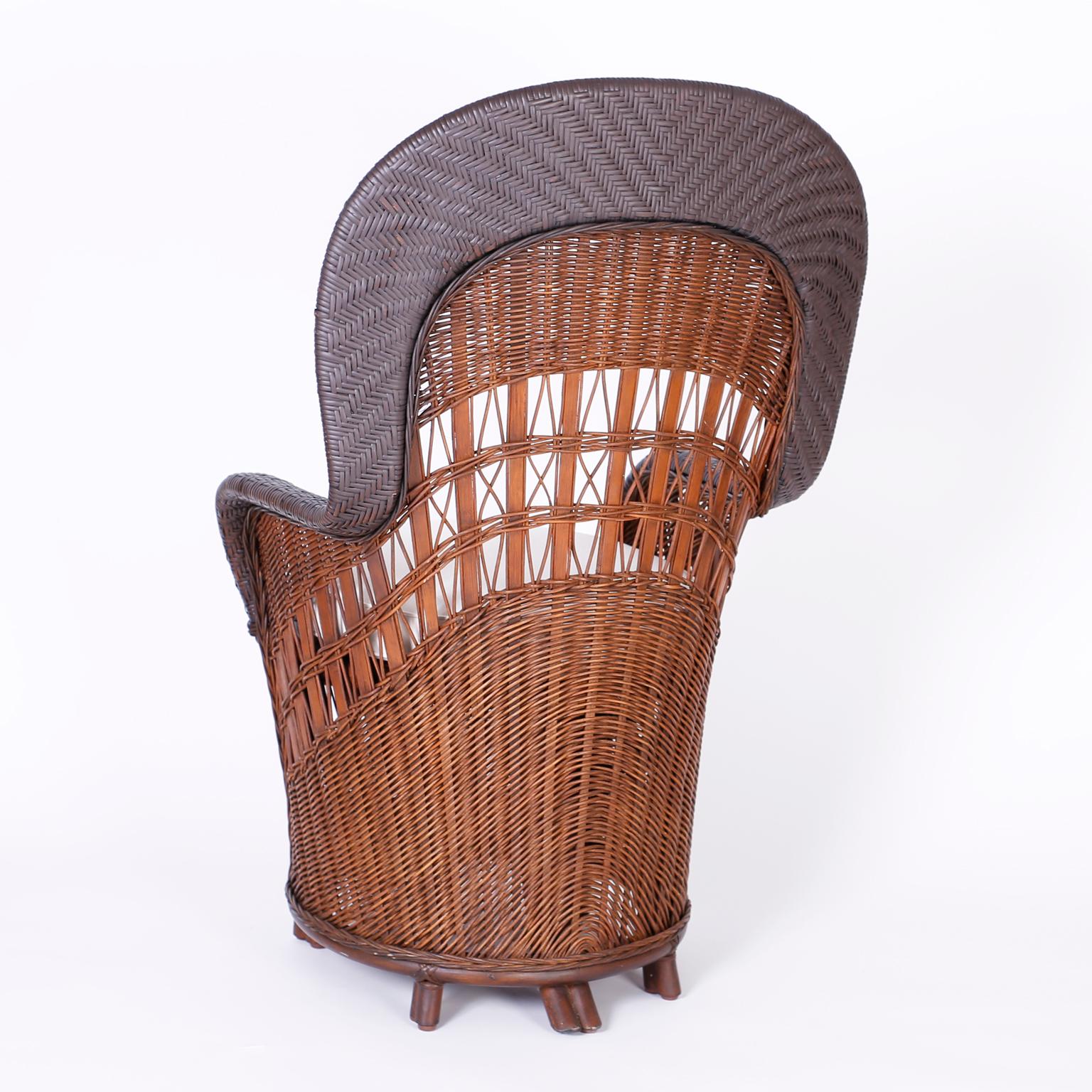 Midcentury Pair of British Colonial Style Wicker and Reed Peacock Chairs In Good Condition In Palm Beach, FL