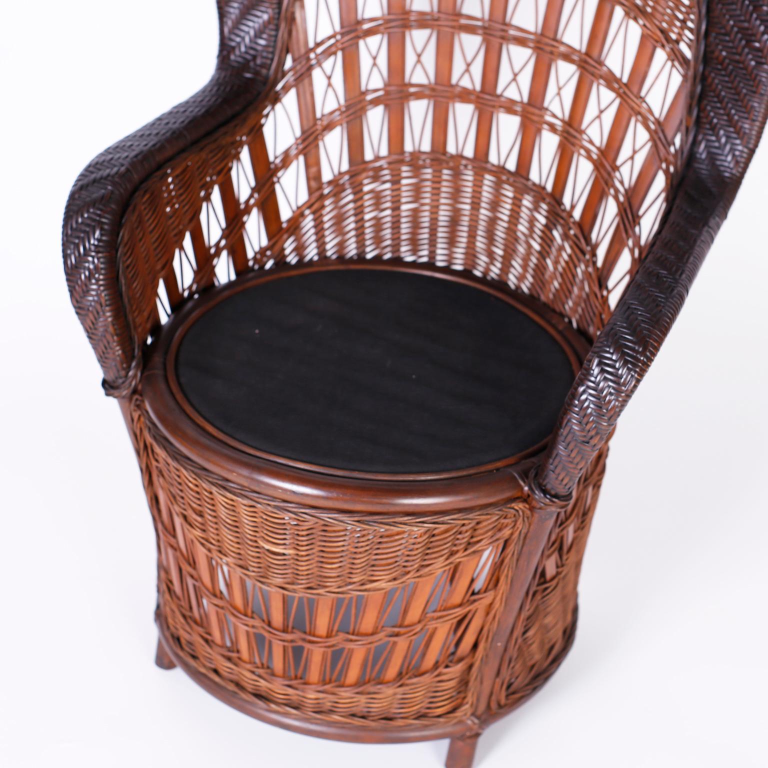 20th Century Midcentury Pair of British Colonial Style Wicker and Reed Peacock Chairs