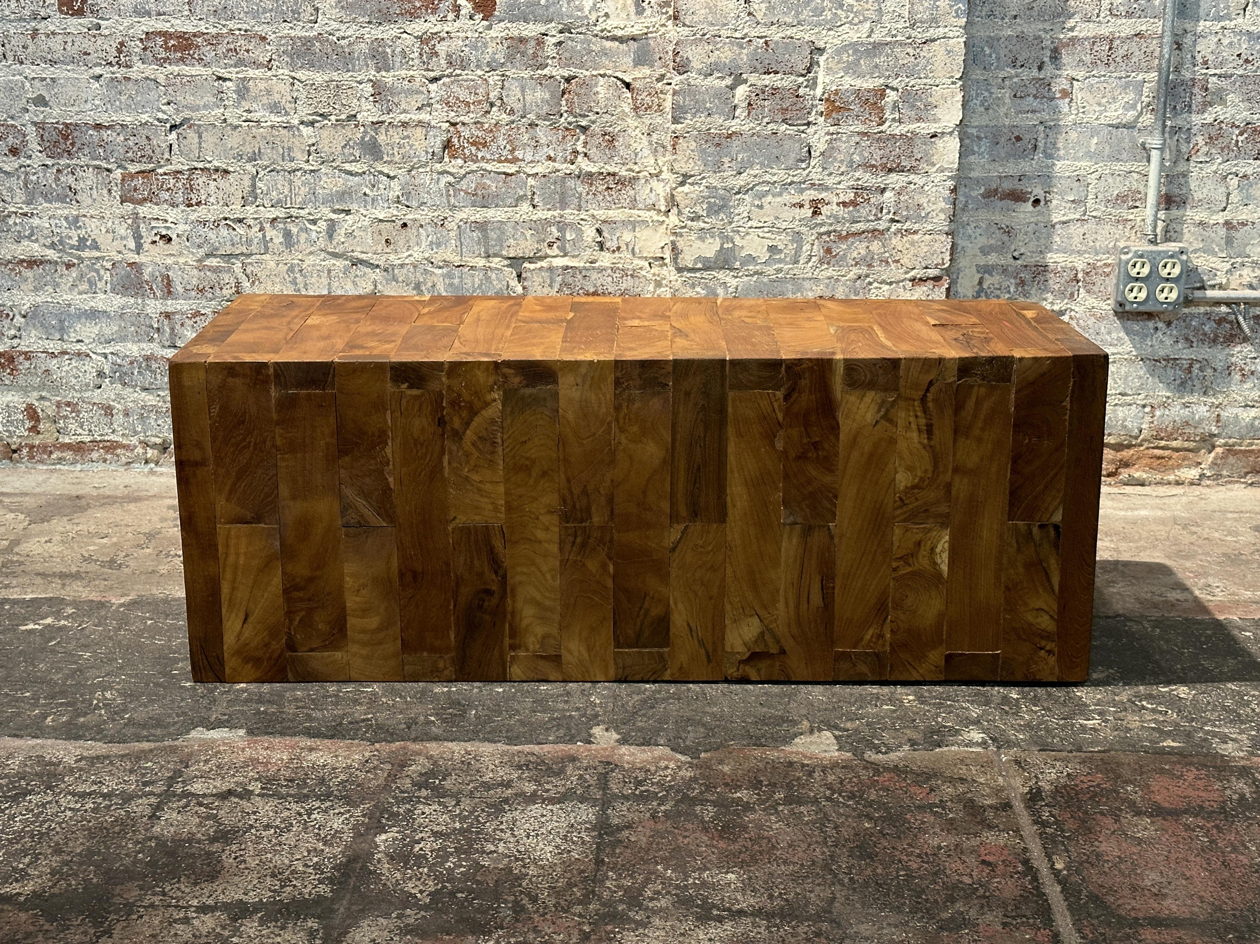 American Mid-Century Pair of Brutalist Mixed Wood Grain Pedestals/Benches  For Sale