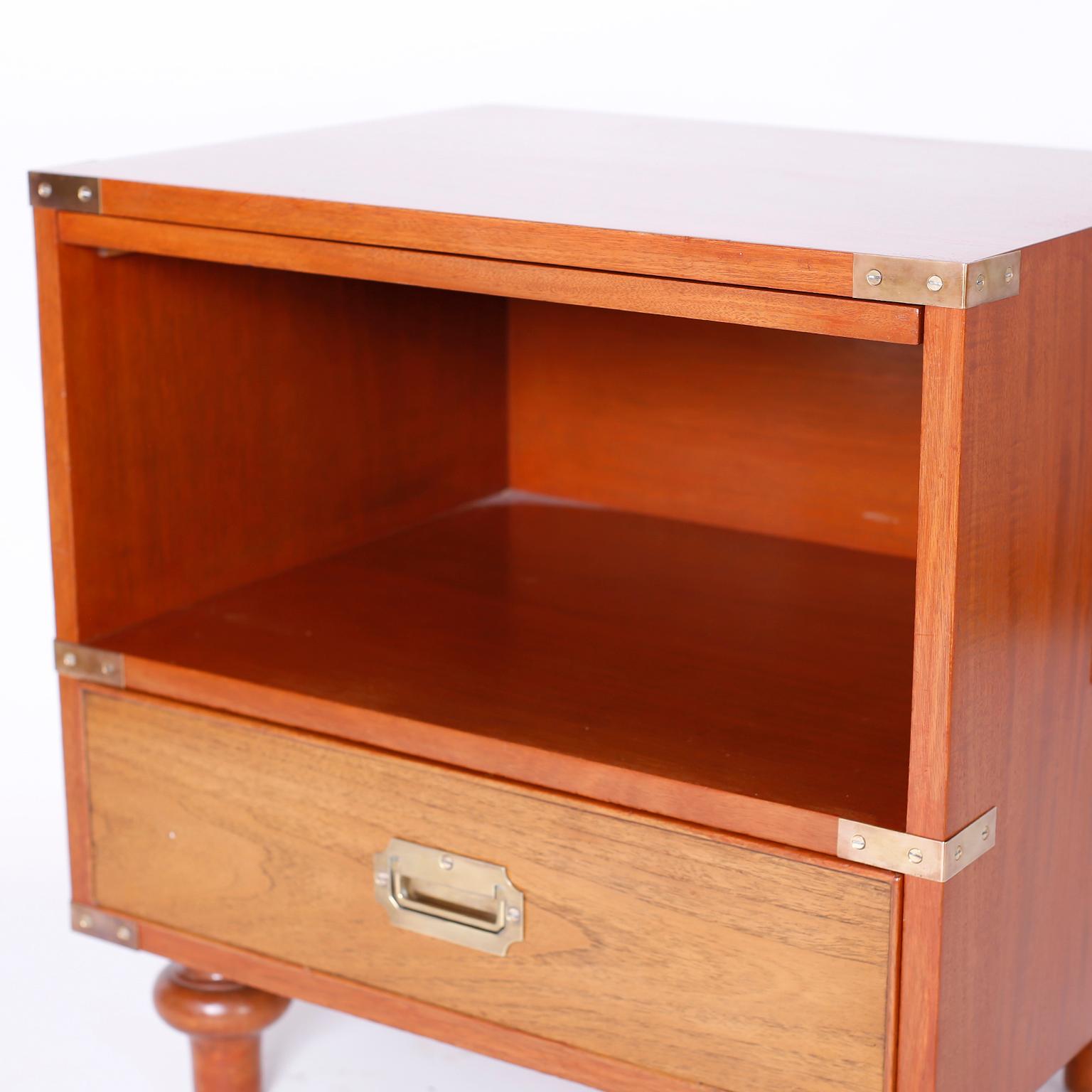 Mahogany Midcentury Pair of Campaign Style Nightstands by Beacon Hill