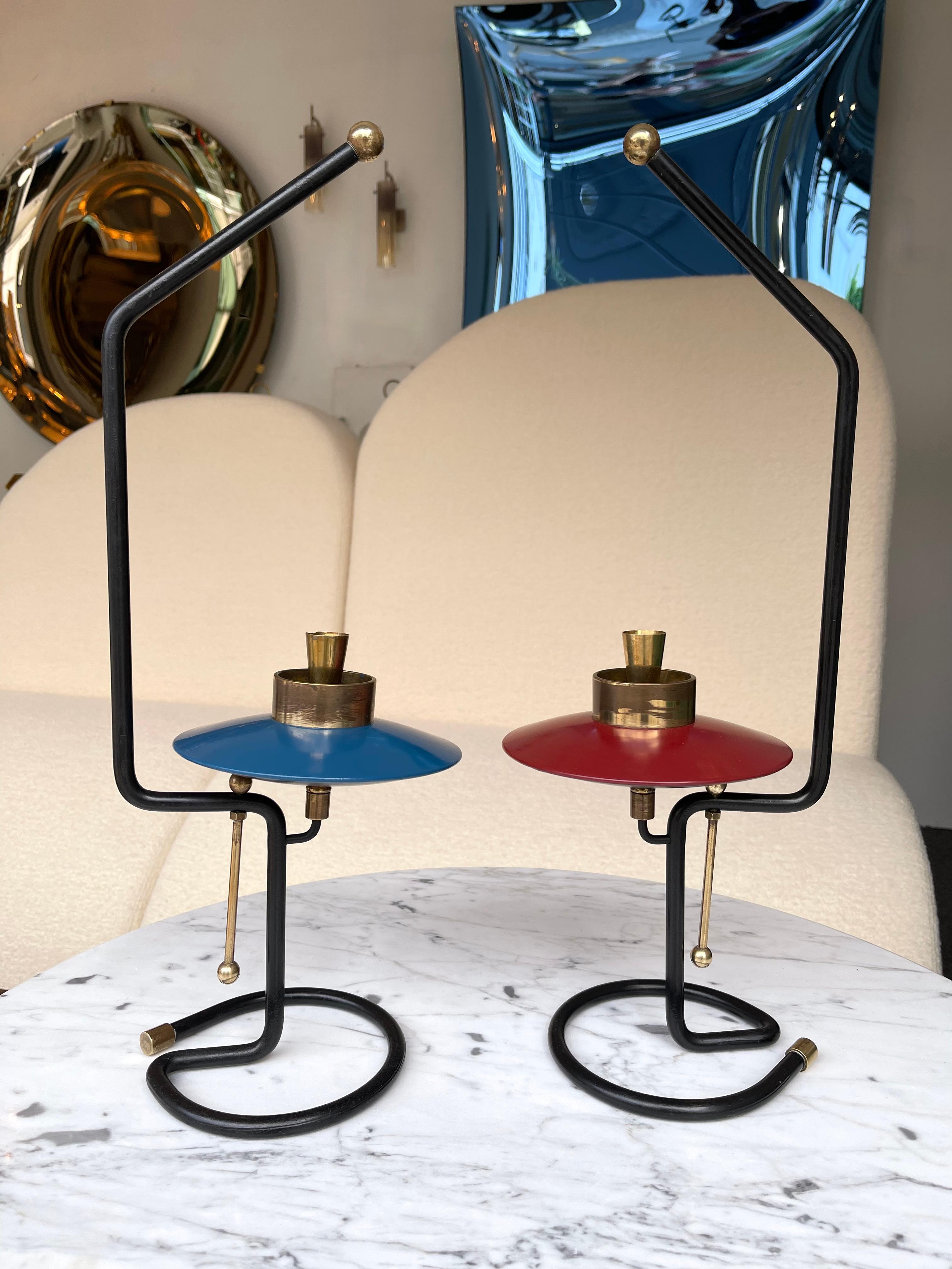 Mid Century Pair of Candle Holders Lacquered Metal and Brass. Italy, 1950s For Sale 5